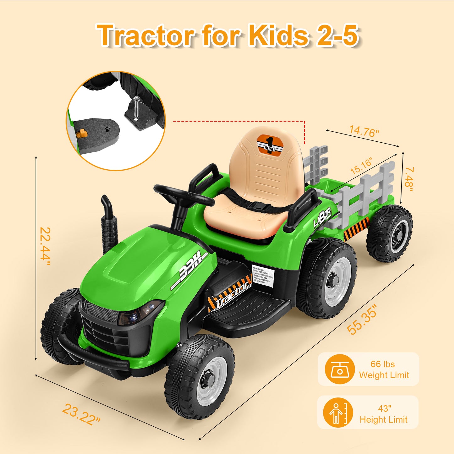 East Doll 12V Ride On Tractor Toy with Trailer