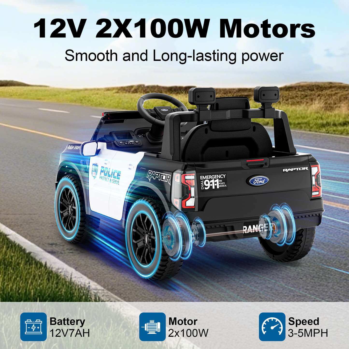 East doll 12V Powered Ride on Electric Police Truck Car for Kids, 12 Volt Ford Kids Ride on Toys with Remote Control, 4 Wheeler for Kids Age 1-3Y, 3-5MPH, Megaphone, Music