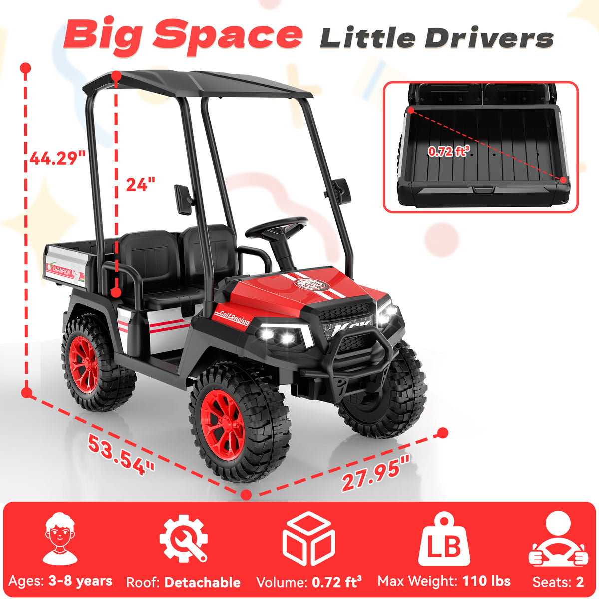 AceCruisers 24v ride on toys for Big Kids w/0.72 ft³ Large Storage Trunk, 4WD 20” 2 Seater Kids Golf Cart w/Detachable Roof, 2 Speeds, Music & Remote Control, LED Lights for Kids Ages 3-8(Red)