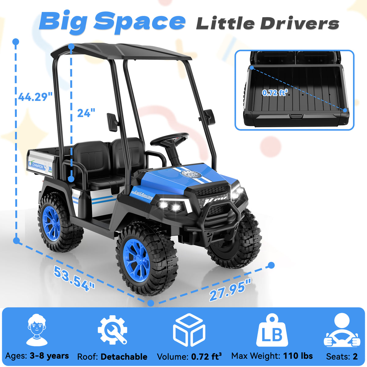 AceCruisers 24v ride on toys for Big Kids w/0.72 ft³ Large Storage Trunk, 4WD 20” 2 Seater Kids Golf Cart w/Detachable Roof, 2 Speeds, Music & Remote Control, LED Lights for Kids Ages 3-8(Blue)