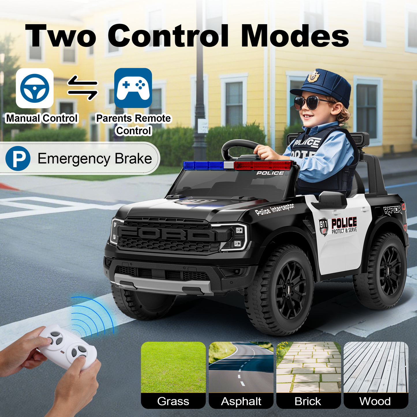 East doll 12V Powered Ride on Electric Police Truck Car for Kids, 12 Volt Ford Kids Ride on Toys with Remote Control, 4 Wheeler for Kids Age 1-3Y, 3-5MPH, Megaphone, Music