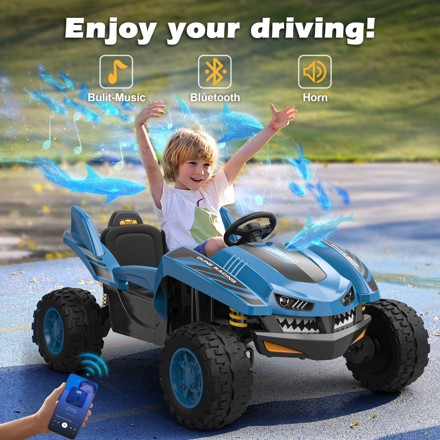 East doll 24V Ride on Toys Car for Big Kids, 2 Seater Power Ride on UTV , Sharks Electric Car for Kids Aged 3-10Y, 4WD 800W Motors, Remote Control, 5.1Mph, Music