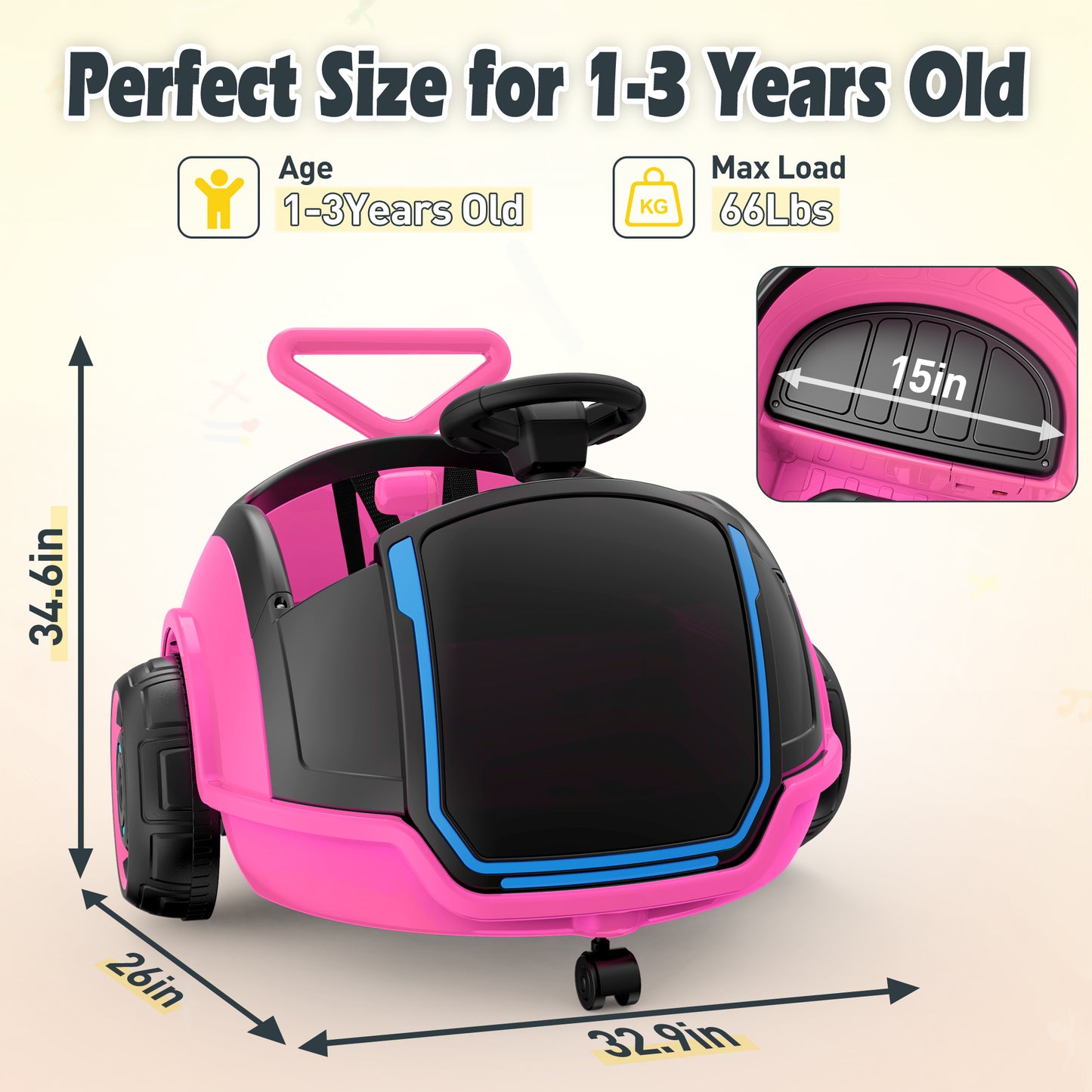 East doll 12V Electric Ride On Toy Car for Toddlers, Kids Puch Car, Outdoor Stroller Toys for Kids, Kids Cars to Ride in, 1-3Y,Remote Control, 1.3-2.5MPH, Music, Horn