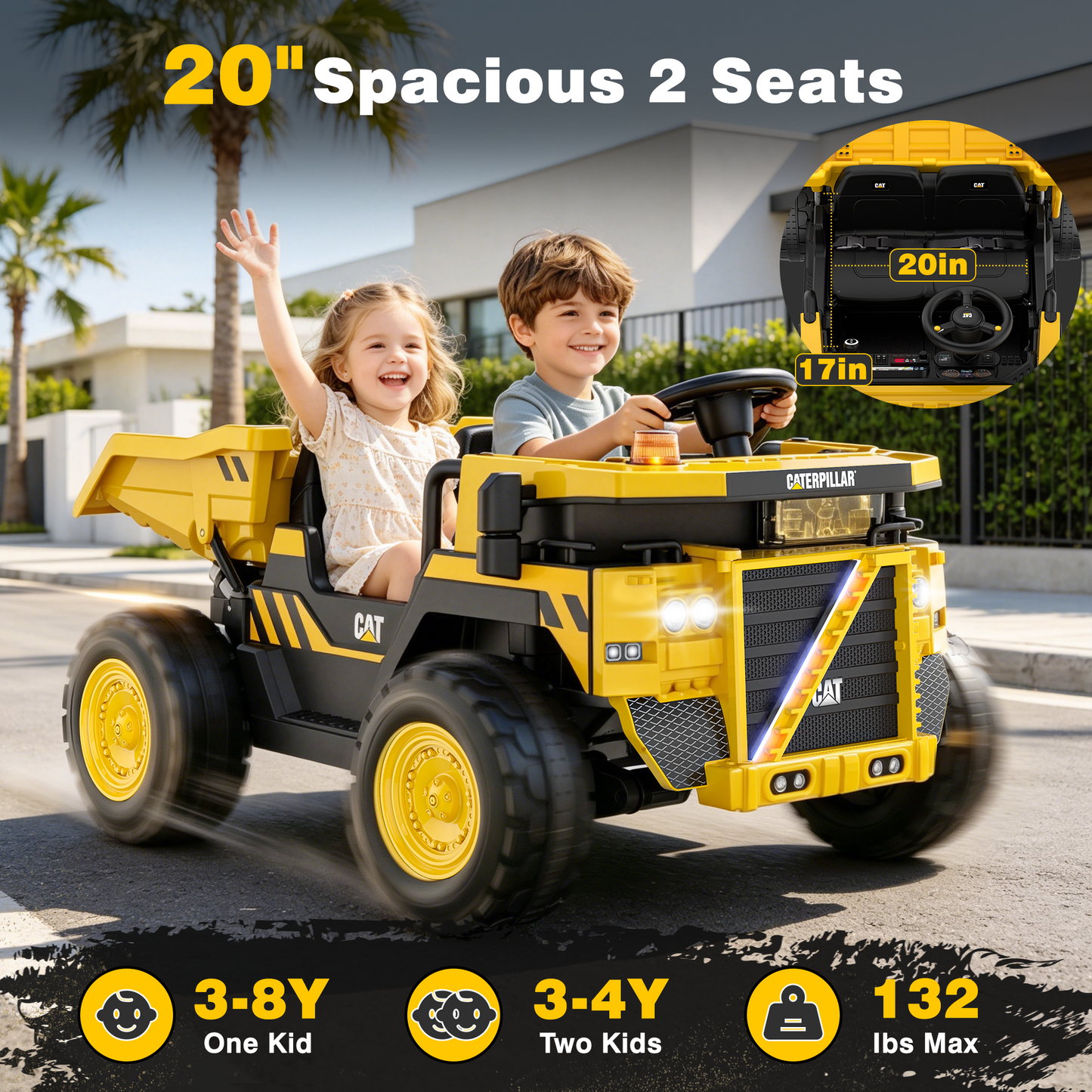 Eastdoll 24V Powered Ride on Dump Truck, Caterpillar Licensed 2 Seater Ride on Toy for Big Kids, 24 Ride ons for Ages 3-8, Ride on Car with Dump Bed, Remote Control, Shovel, Yellow