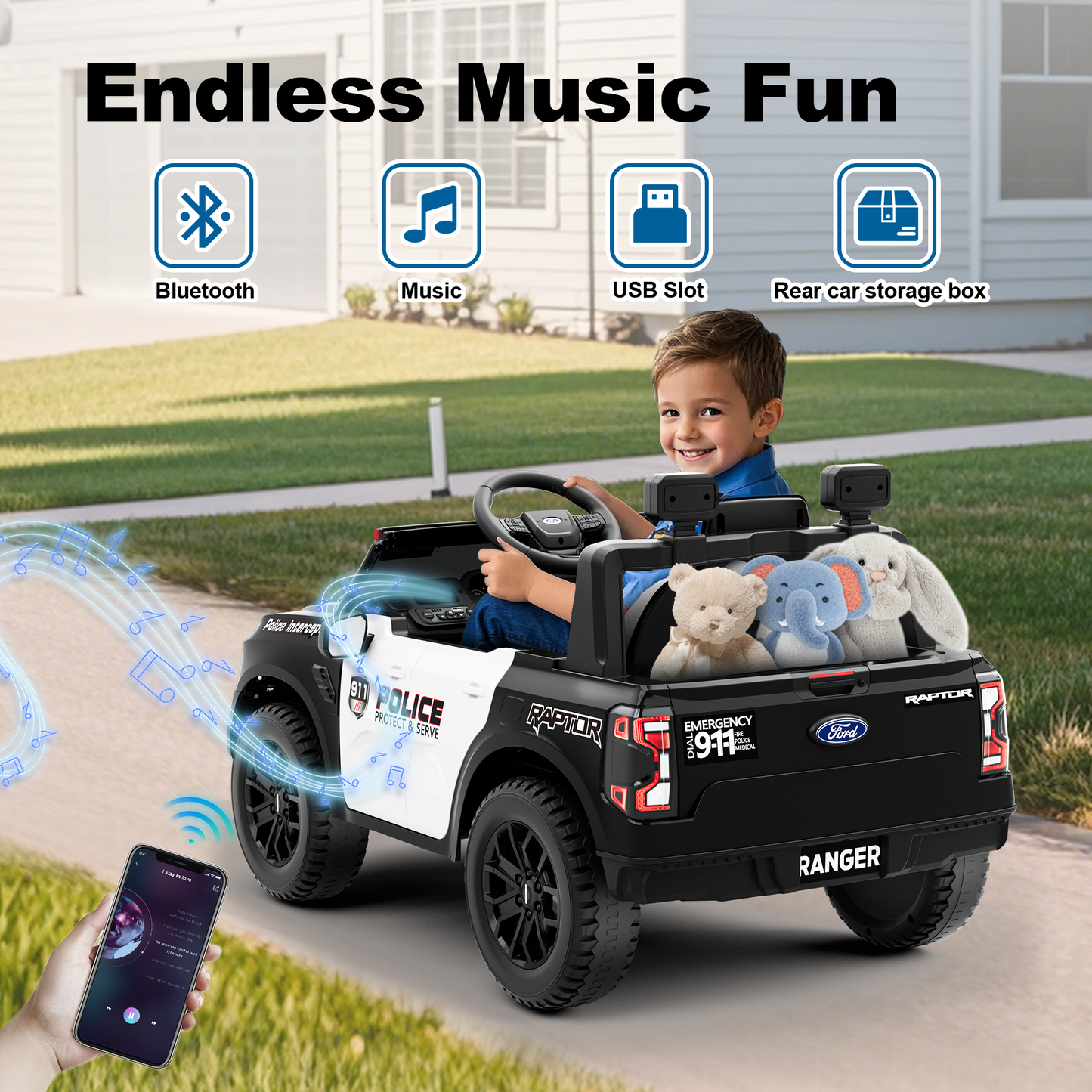East doll 12V Powered Ride on Electric Police Truck Car for Kids, 12 Volt Ford Kids Ride on Toys with Remote Control, 4 Wheeler for Kids Age 1-3Y, 3-5MPH, Megaphone, Music