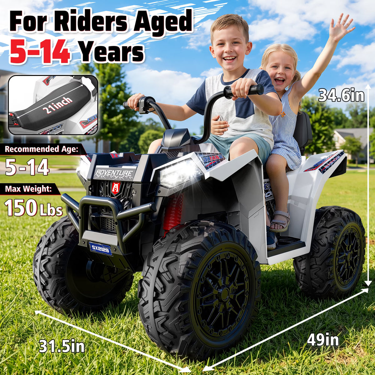 TOYBSNR 24V 2 Seater Kids ATV 4 Wheeler, XXXL 4X4 Ride on Toys with 800W, 17" Big EVA Tires, Electric Car for Kids Ages 5-14, Ride on ATV with Music Bluetooth, Spring Suspension, Max 7.5MPH