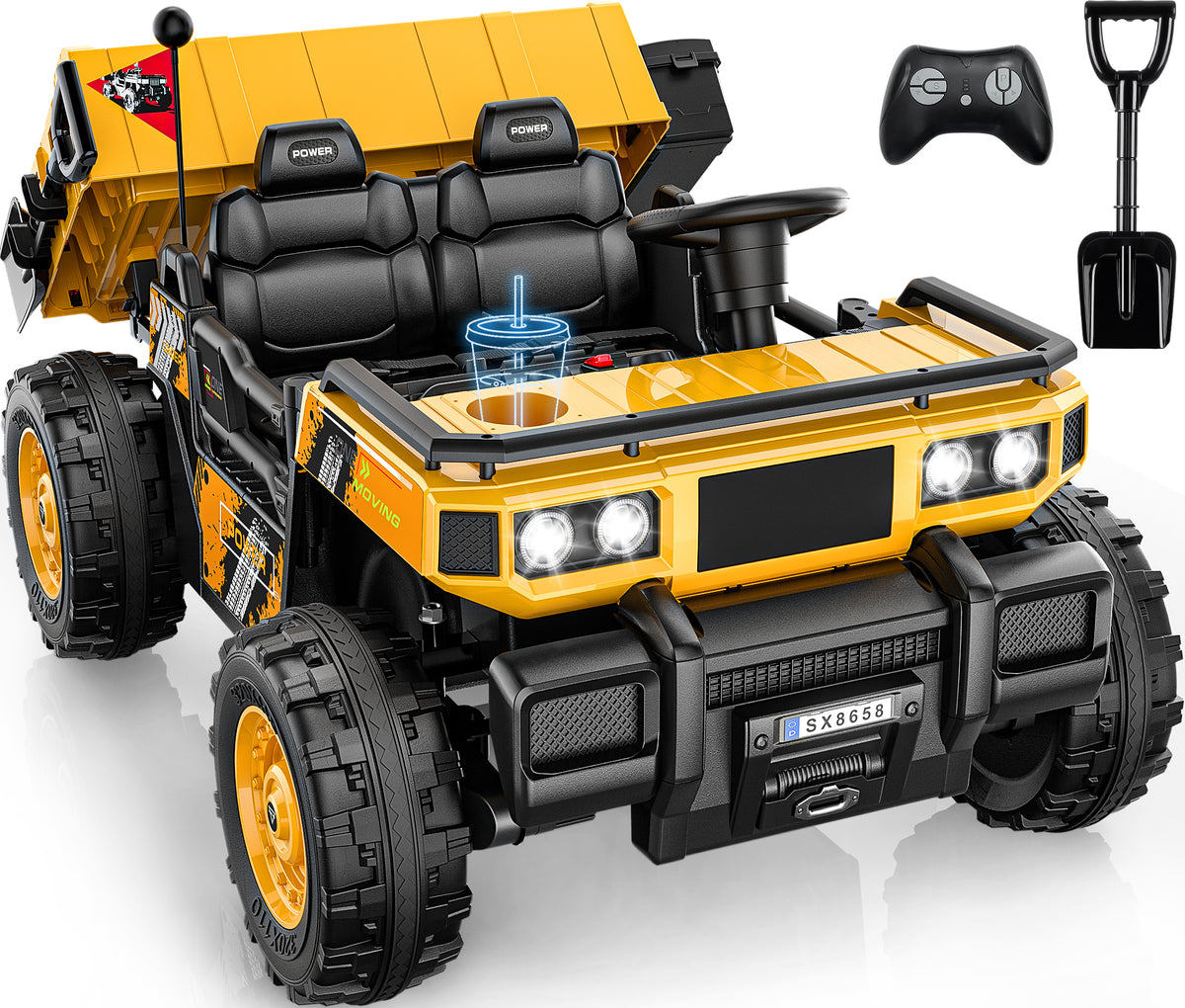 ARBELI 24V 4WD Ride on Dump Truck 2-Seater Ride on Toy Car for Kids 3-8yrs Electric dump bed, 4X100w motors, Max 4.5 mph & 132lb load, 20" wide seat, shovel, toolbox & cup holder, remote control