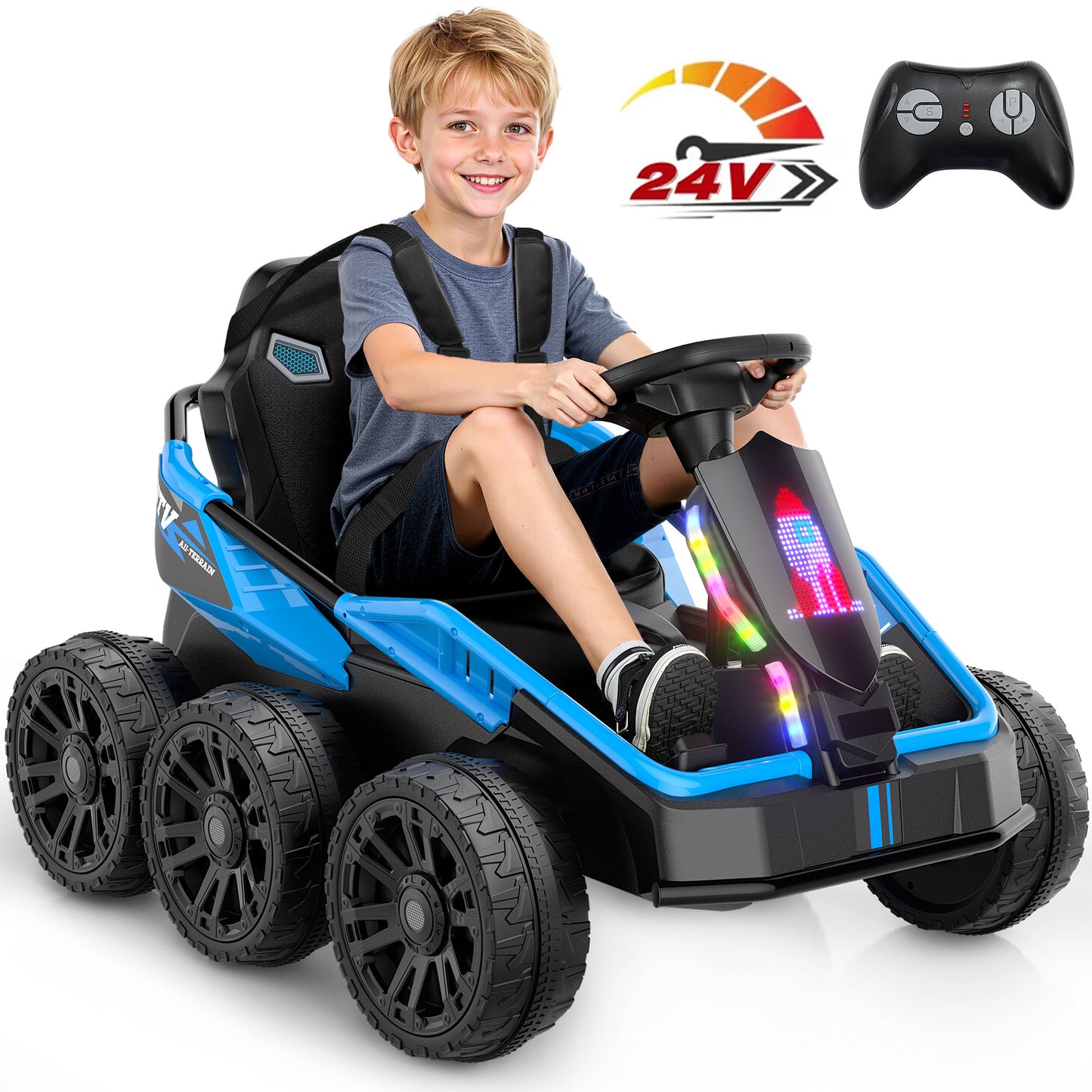 East doll 24V Power Ride on Toys for Big Kids, 6 Wheels Kids UTV, 4x75W Motors, 5MPH, Remote Control, Music, Racing Kids Electric Kart for Age 3+
