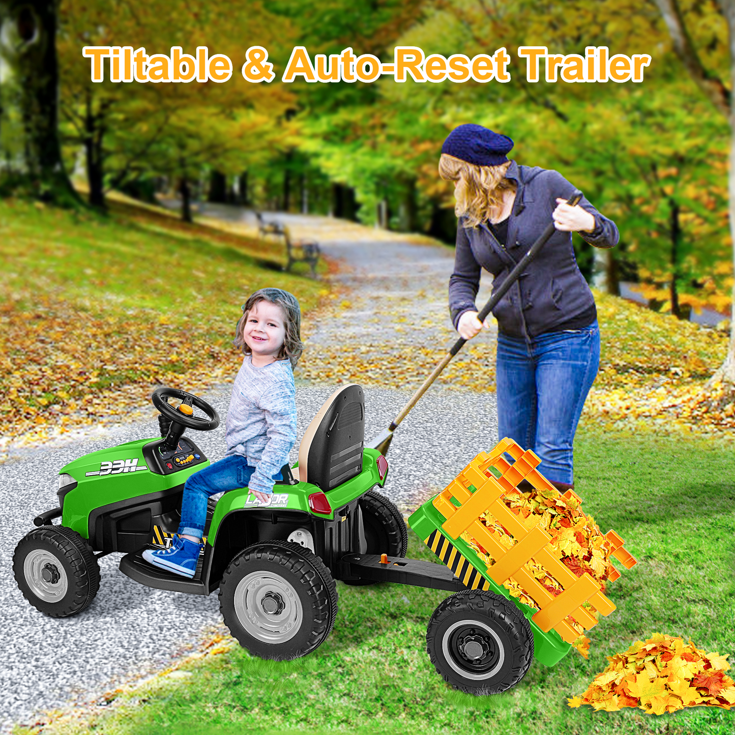 East doll 12V Ride on Tractor with Tiltable & Detachable Trailer, up to 3.1Mph Truck with Parental Remote, Music Player, Bluetooth Function & Headlight
