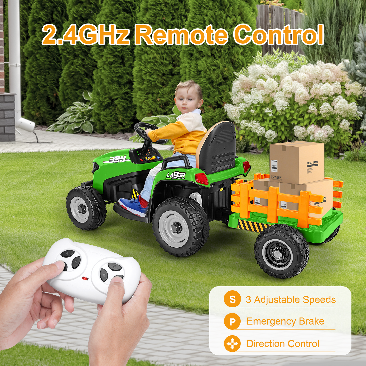 East doll 12V Ride on Tractor with Tiltable & Detachable Trailer, up to 3.1Mph Truck with Parental Remote, Music Player, Bluetooth Function & Headlight