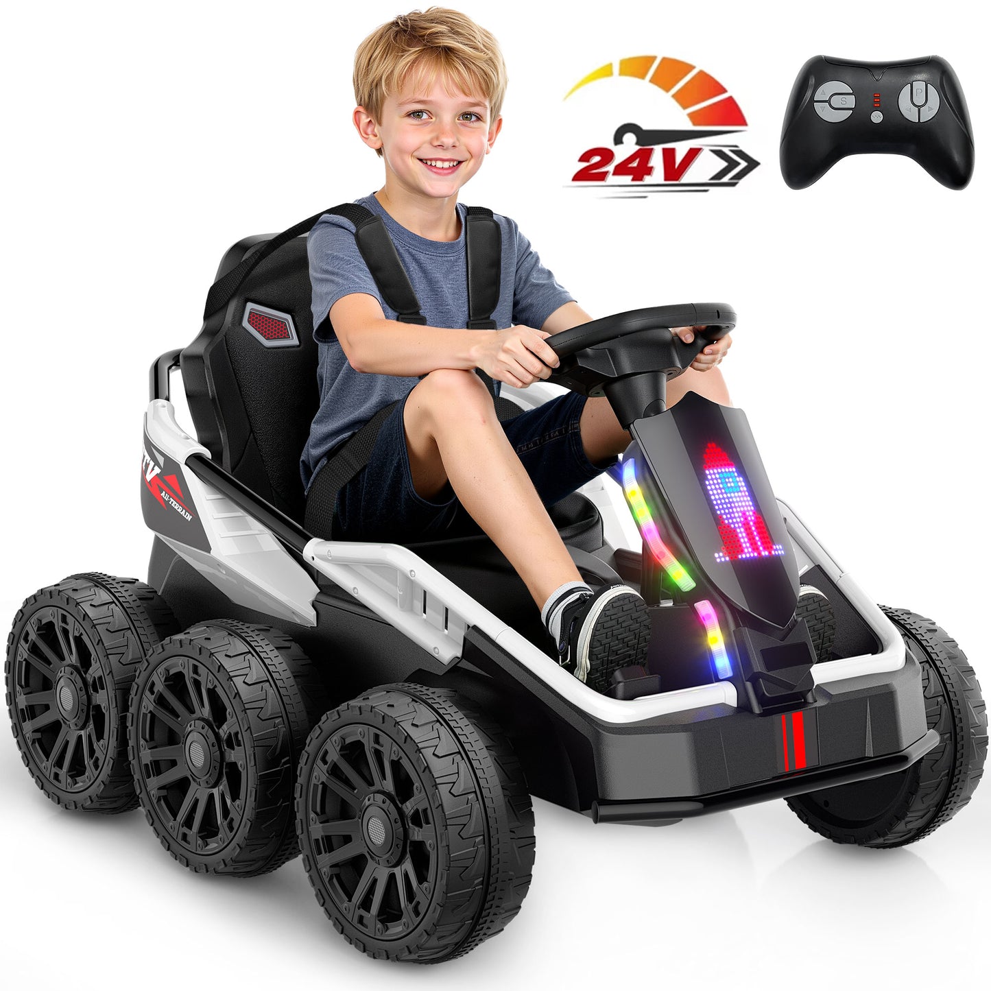 East doll 24V Power Ride on Toys for Big Kids, 6 Wheels Kids UTV, 4x75W Motors, 5MPH, Remote Control, Music, Racing Kids Electric Kart for Age 3+
