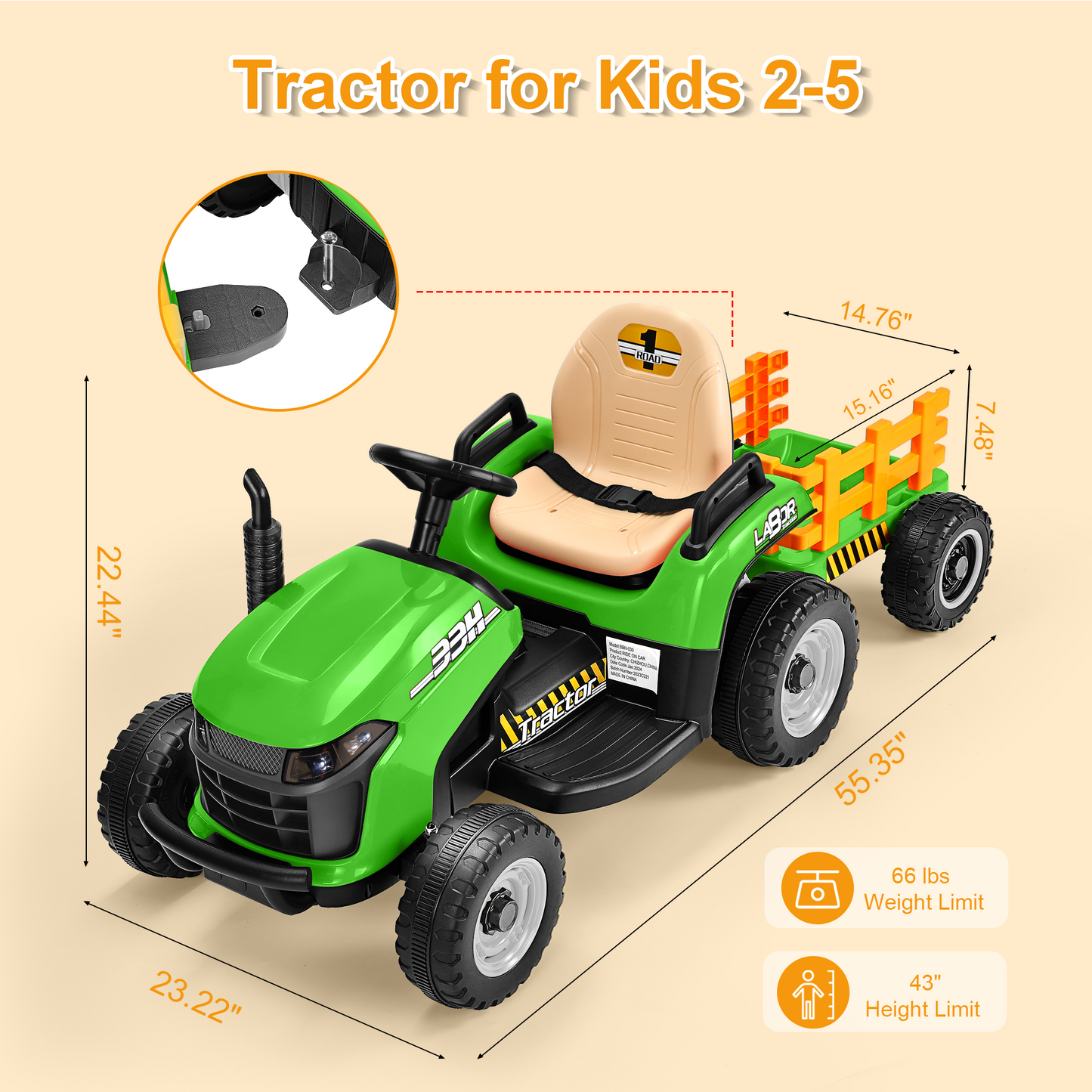 East doll 12V Ride on Tractor with Tiltable & Detachable Trailer, up to 3.1Mph Truck with Parental Remote, Music Player, Bluetooth Function & Headlight