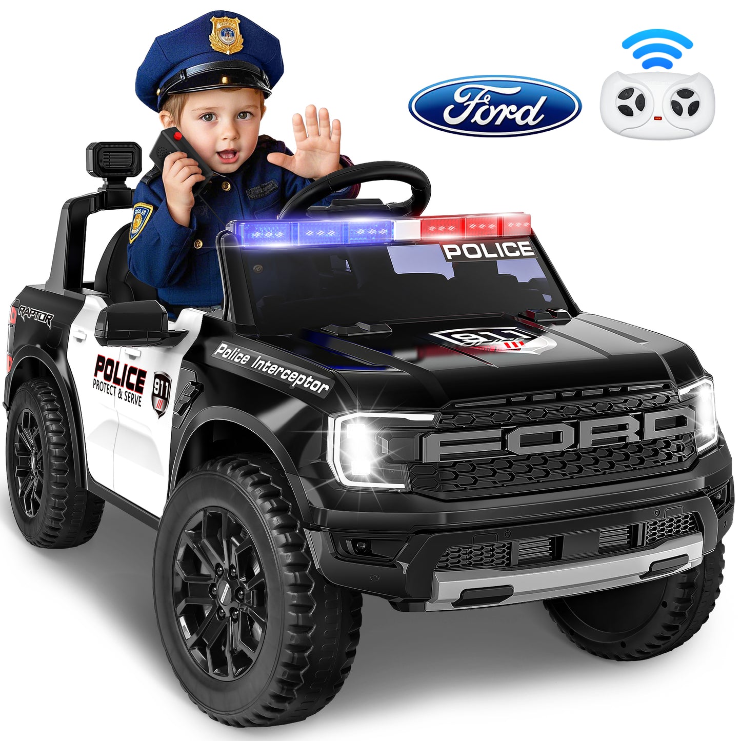 East doll 12V Powered Ride on Electric Police Truck Car for Kids, 12 Volt Ford Kids Ride on Toys with Remote Control, 4 Wheeler for Kids Age 1-3Y, 3-5MPH, Megaphone, Music
