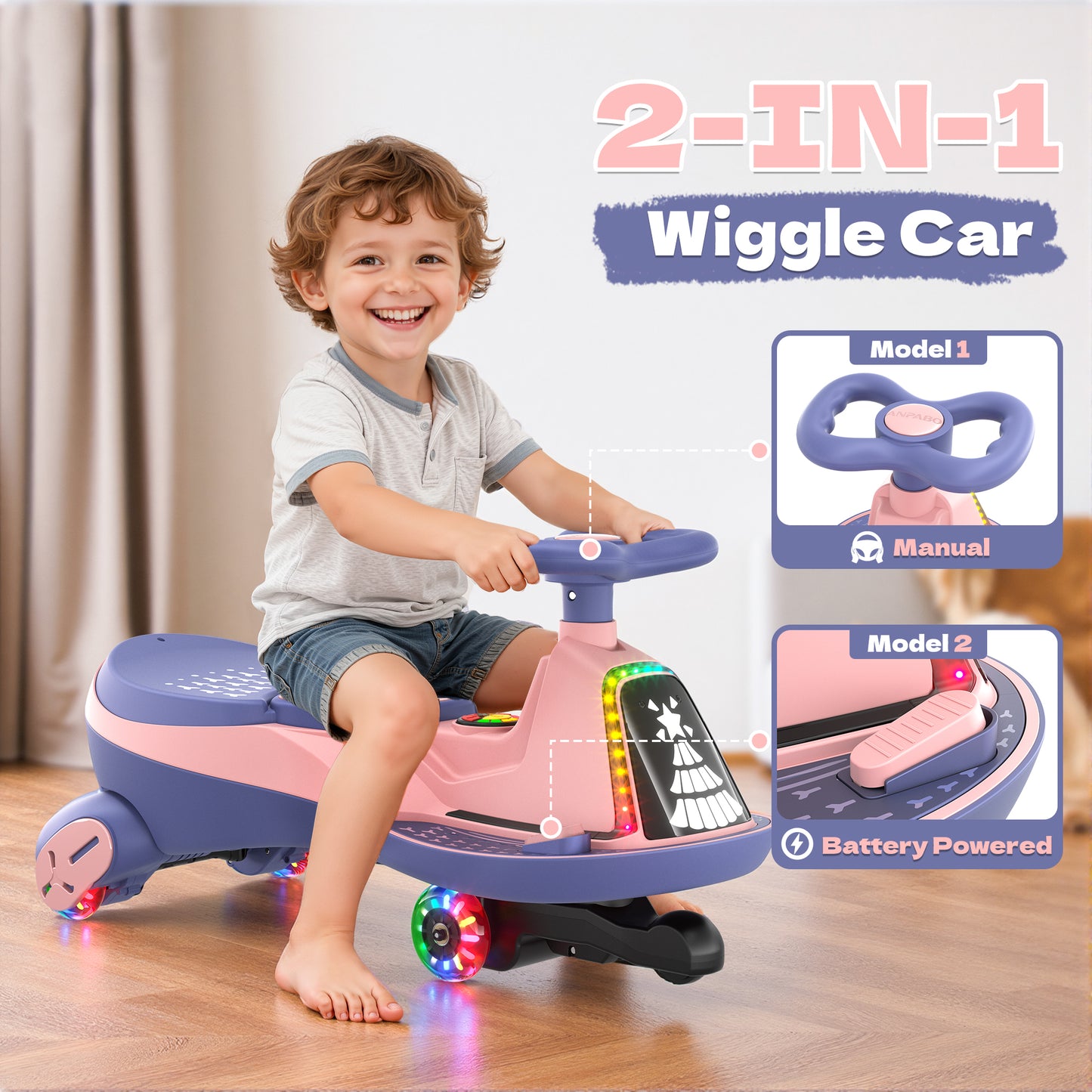 ANPABO 12V Electric Wiggle Car with Pedals, 2 Seater, 2x75W Motor, Music & Bluetooth, Ride On Toy for Kids Ages 3+, 170 Lbs, Pink--UPC: B0FTYJKS84