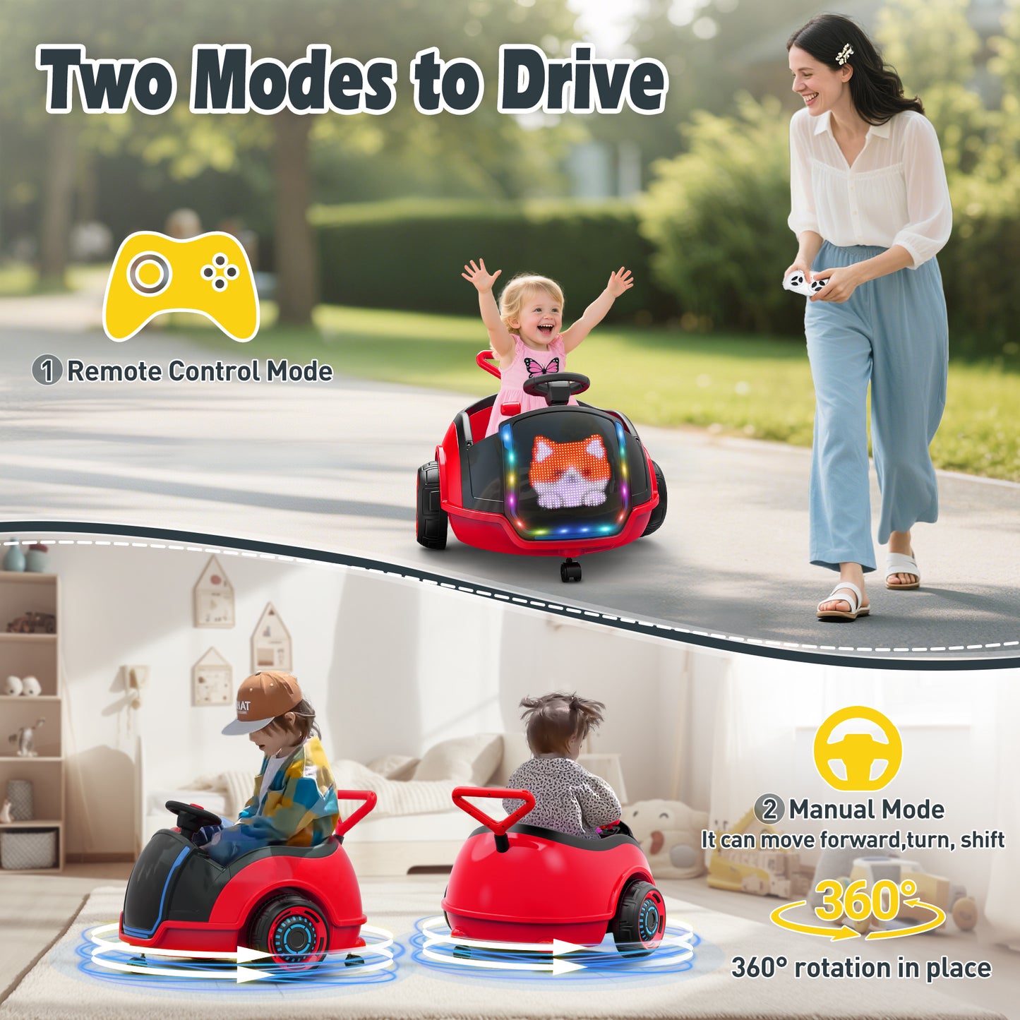 East doll 12V Toddler Push Car with Big LED Screen, 8 Dynamic Patterns for Free Switching, Electric Ride on Toy for Kids Aged 18M-3Y, Red