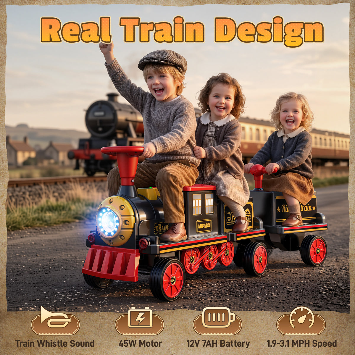 East doll 12V Powered Ride on Toy Train for Kids, Ride on Train(Including Carriages)