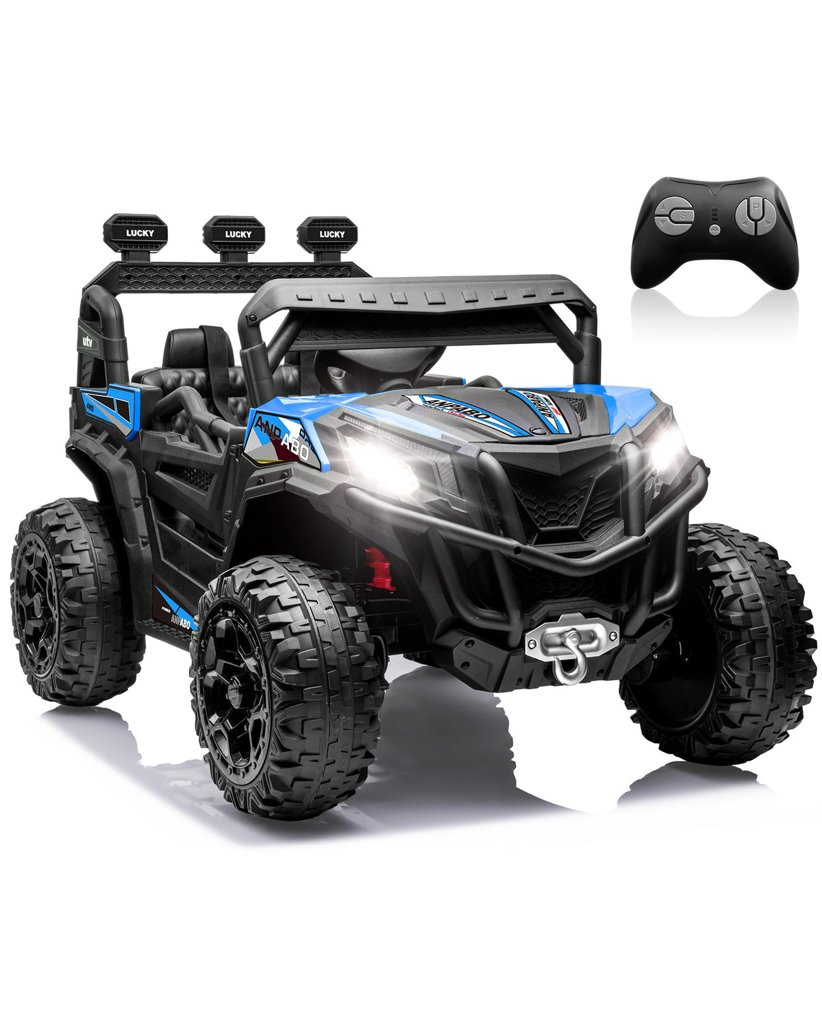 ANPABO 24 Volt Ride On Toys for Big Kids, 4WD/2WD, w/ Remote Control, Blue, 4WD Off-Road Fun, 4 Shock Absorbers, 19" Wide Seat, 4-Point Safety Harness, Up to 4.5 MPH, Built-In Storage Trunk