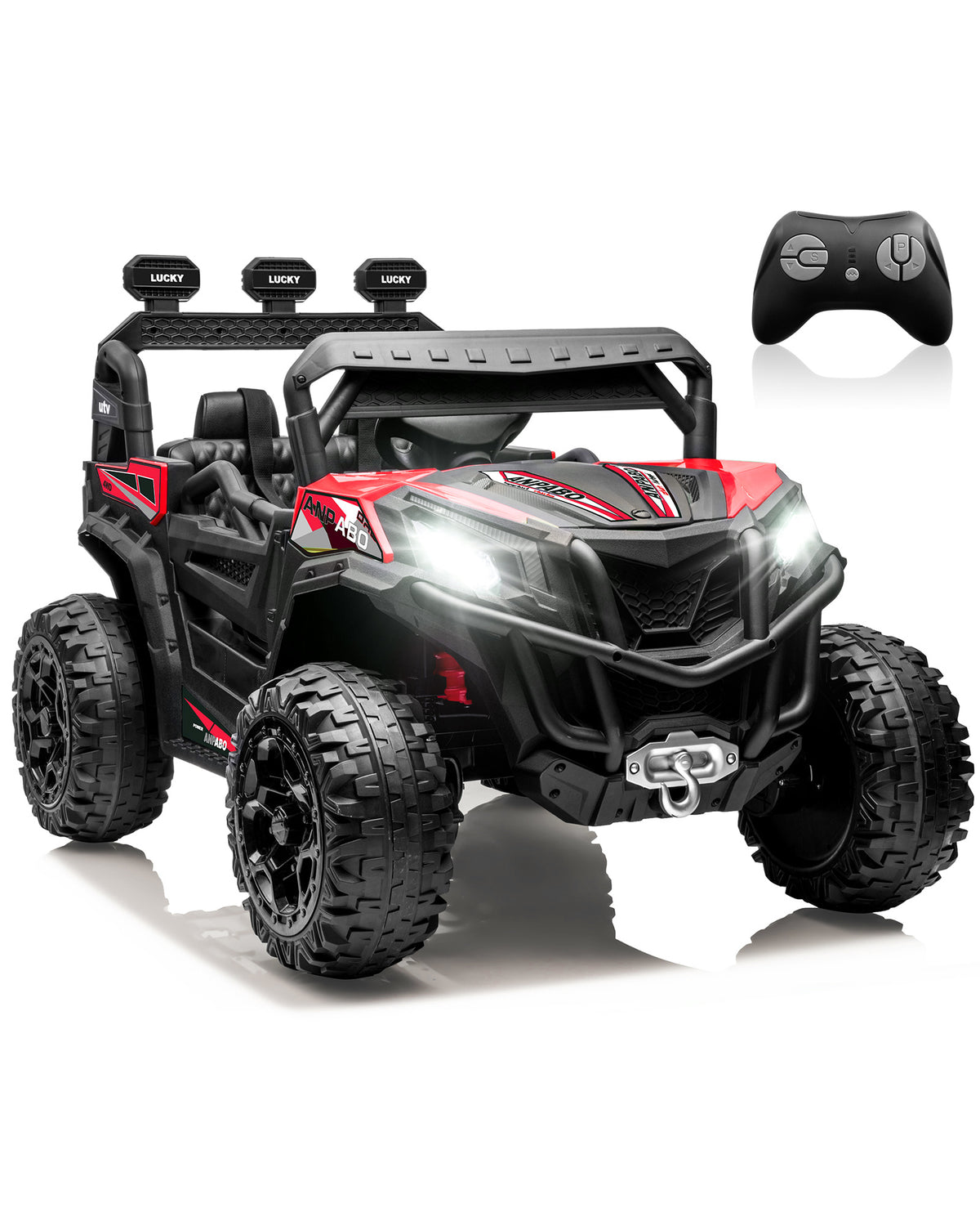ANPABO 24 Volt Ride On Toys for Big Kids, 4WD/2WD, w/ Remote Control, Red, 4WD Off-Road Fun, 4 Shock Absorbers, 19" Wide Seat, 4-Point Safety Harness, Up to 4.5 MPH, Built-In Storage Trunk