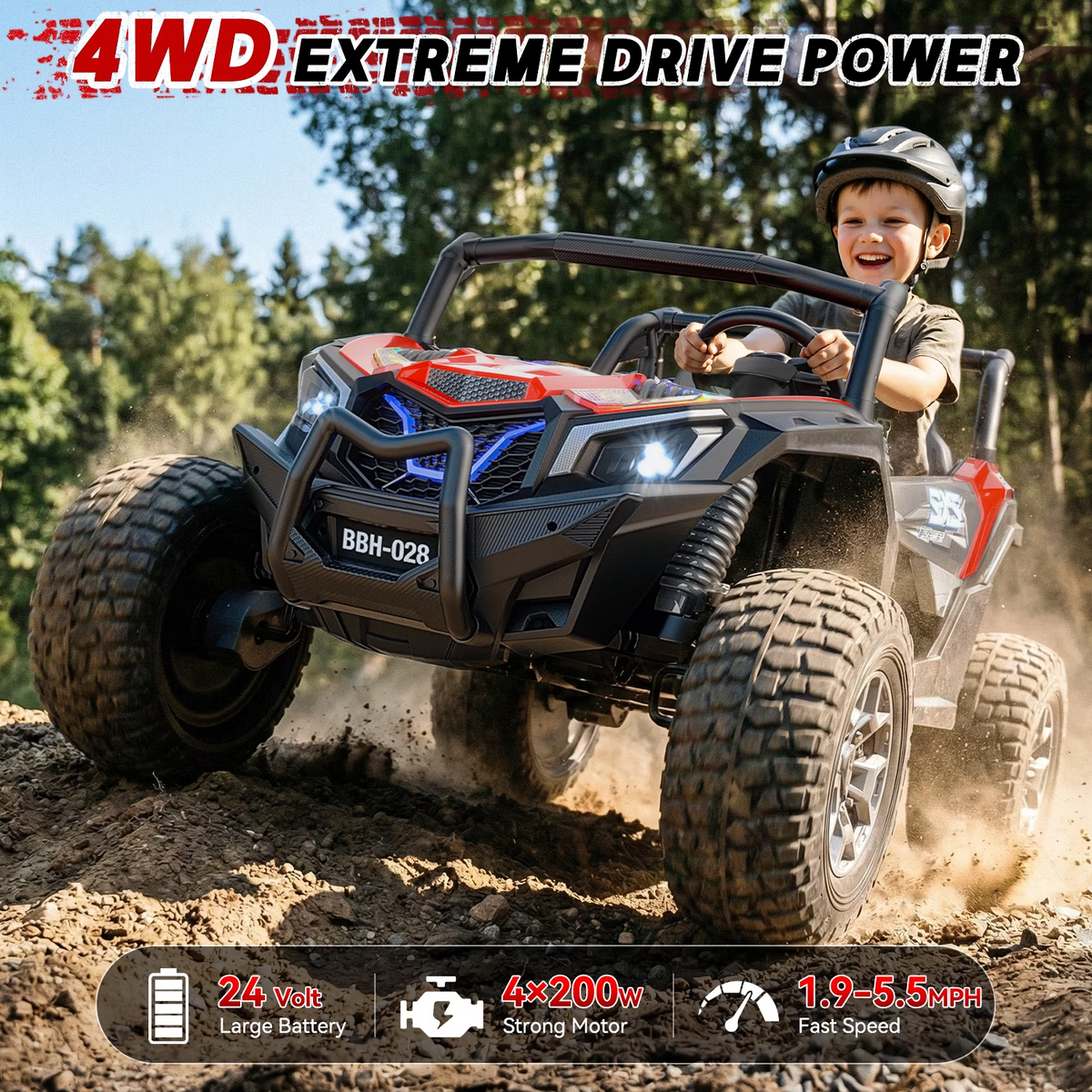 TOYBSNR 24 Volt 2-Seater Ride on Toys with Remote Control, 4WD XXXL Electric Car for Kids Ages 3-14, Ride on Cars UTV with 15" EVA Tires, Rainbow LED Lights, Bluetooth Music, Spring Suspension