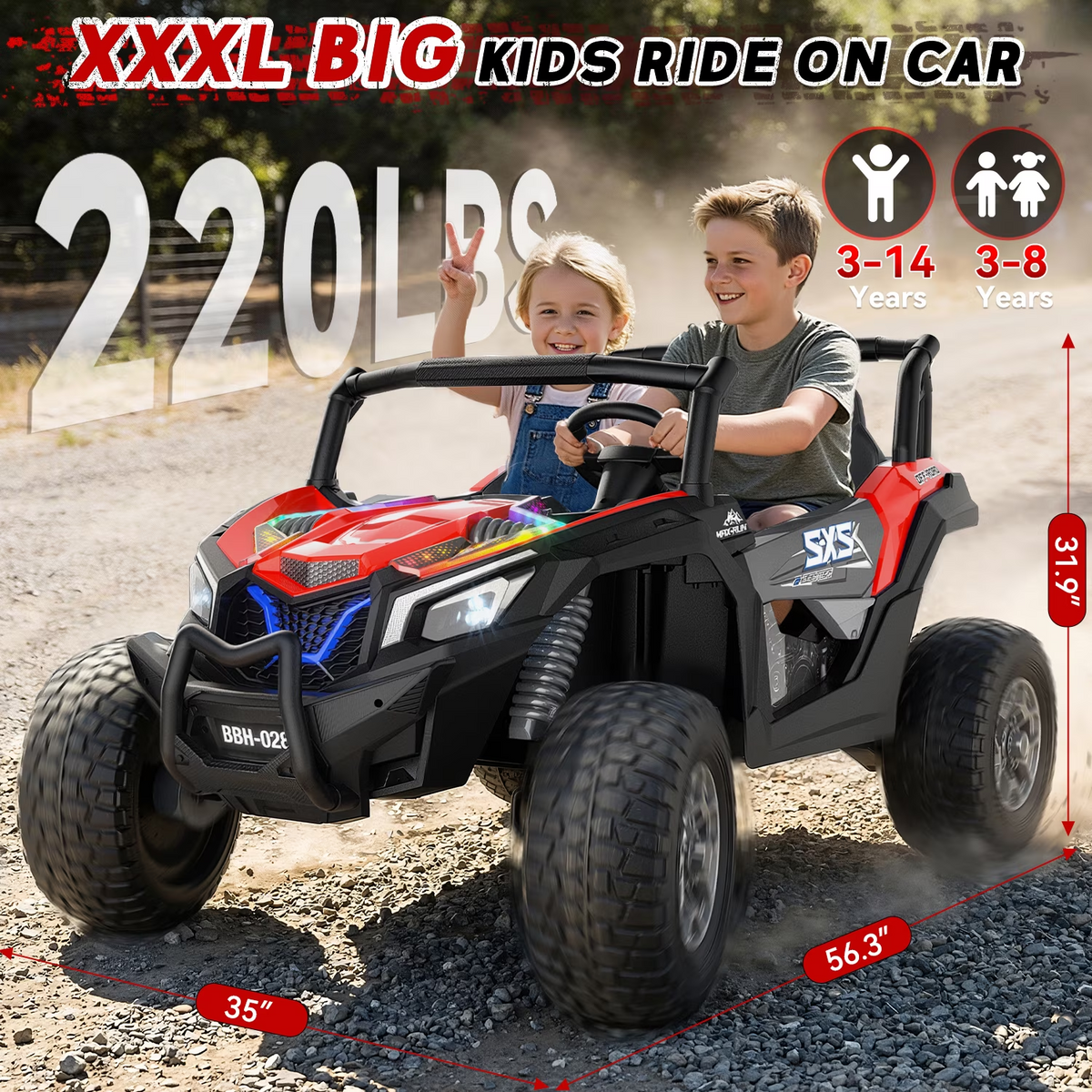 TOYBSNR 24 Volt 2-Seater Ride on Toys with Remote Control, 4WD XXXL Electric Car for Kids Ages 3-14, Ride on Cars UTV with 15" EVA Tires, Rainbow LED Lights, Bluetooth Music, Spring Suspension