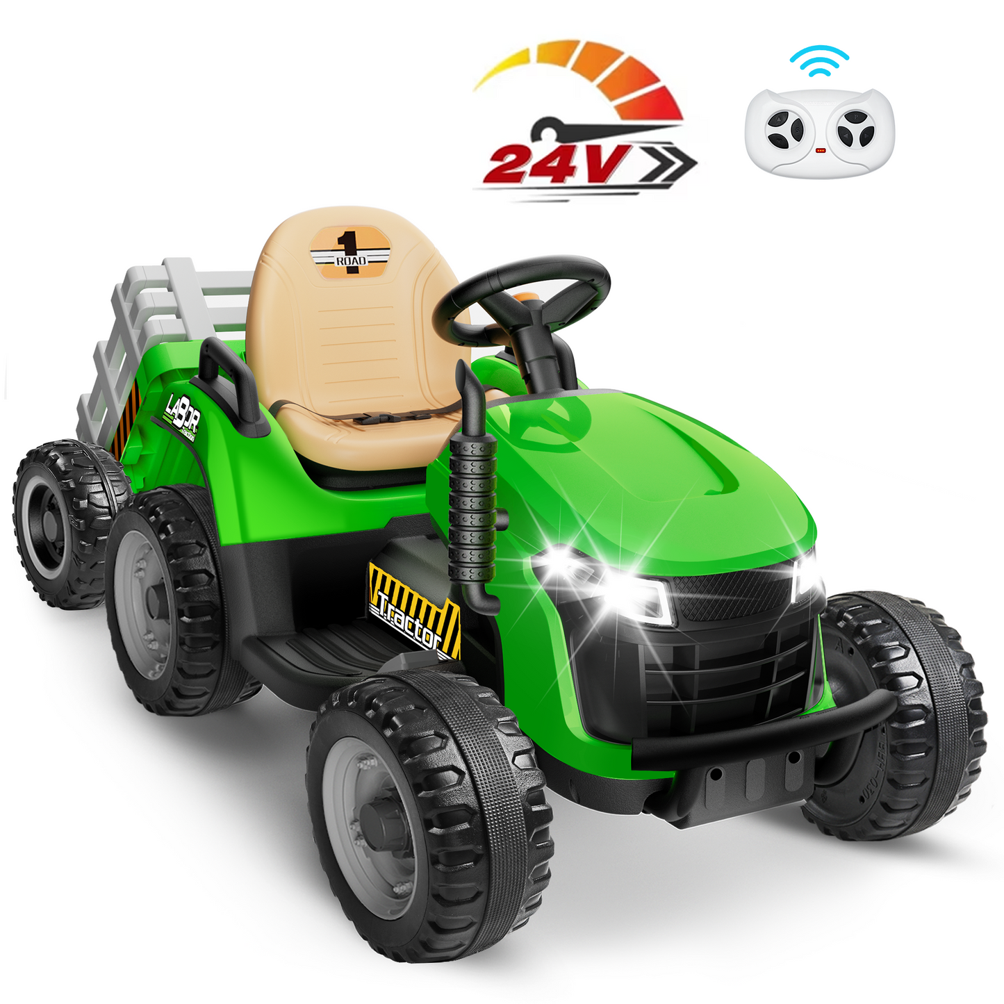 East doll 24 Volt Ride on Toys Car for Kids, Ride-on Tractor with Trailer, Electric Car for Kids, Power EVA Four Wheeler with Remote Control, 4.3Mph, Music Player, LED Light