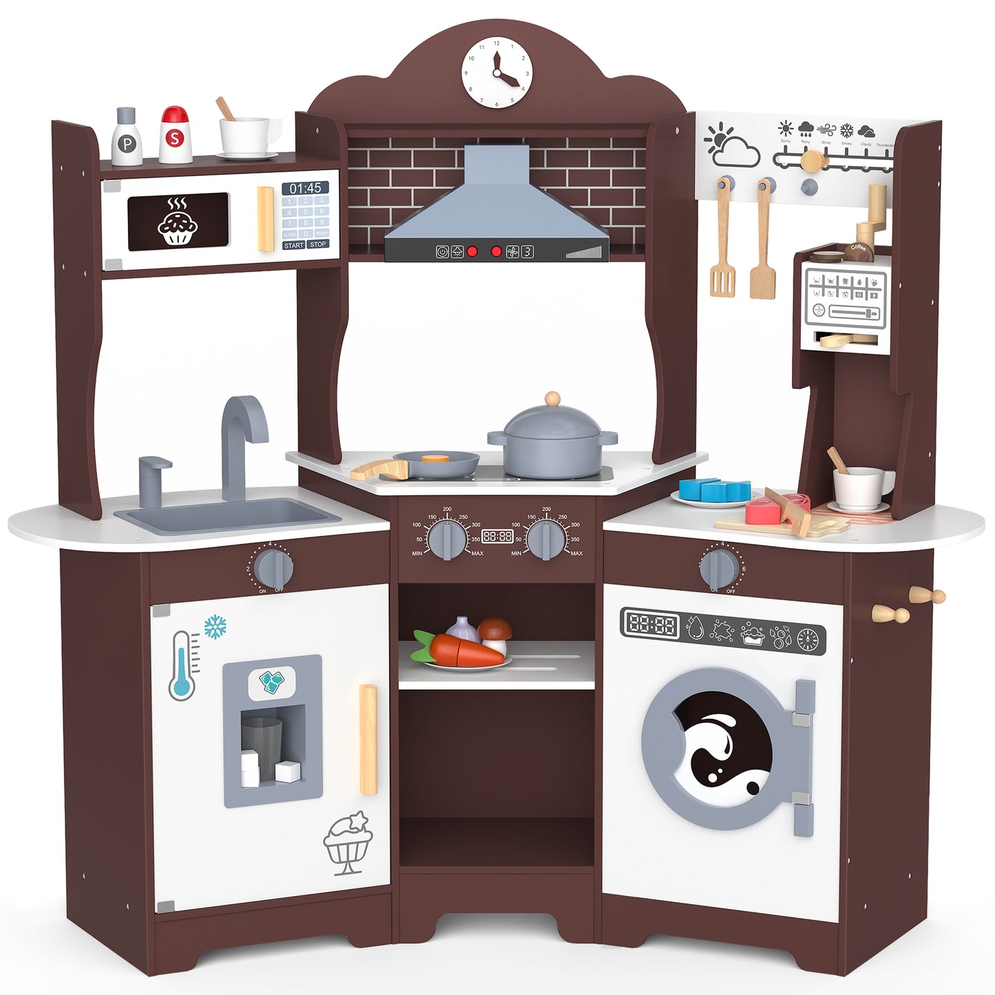 East doll Play Kitchen for Kids, Wooden Kids Play Kitchen Playset for Toddlers with 30 Pcs, Coffee Maker, CoffeeMicrowave, Real Lights & Sounds, Play Food & Cookware Accessories