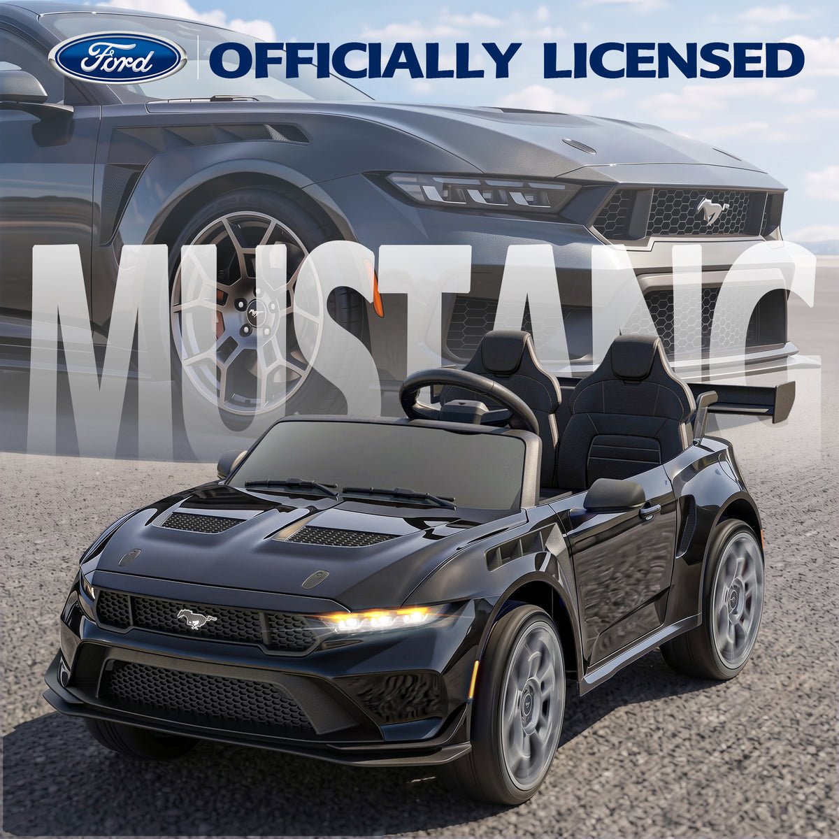 ANPABO Licensed Ford Mustang 24V 2 Seater Ride on Car for Kids Ages 3-8, Black