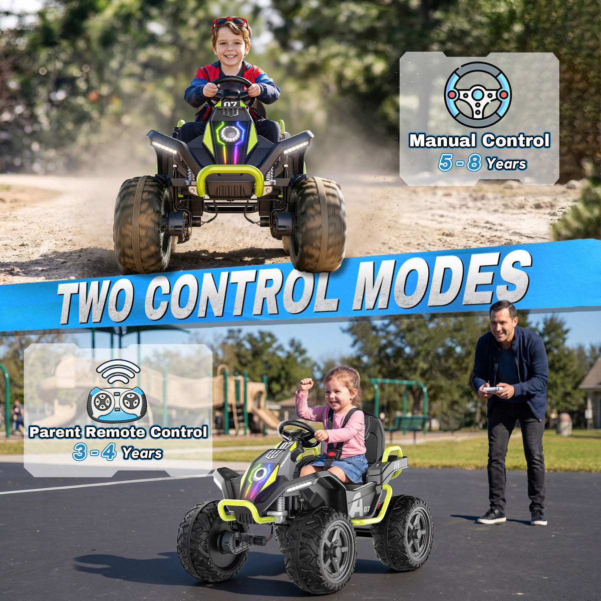 AceCruisers Kids 24V Ride on Toys Ages 3-8 w/ Metal Frame, EVA Tires, Rainbow-shine LED, portable metal handle, 2WD/4WD, 4×100W motors, bluetooth,parent remote control and up to 5 MPH