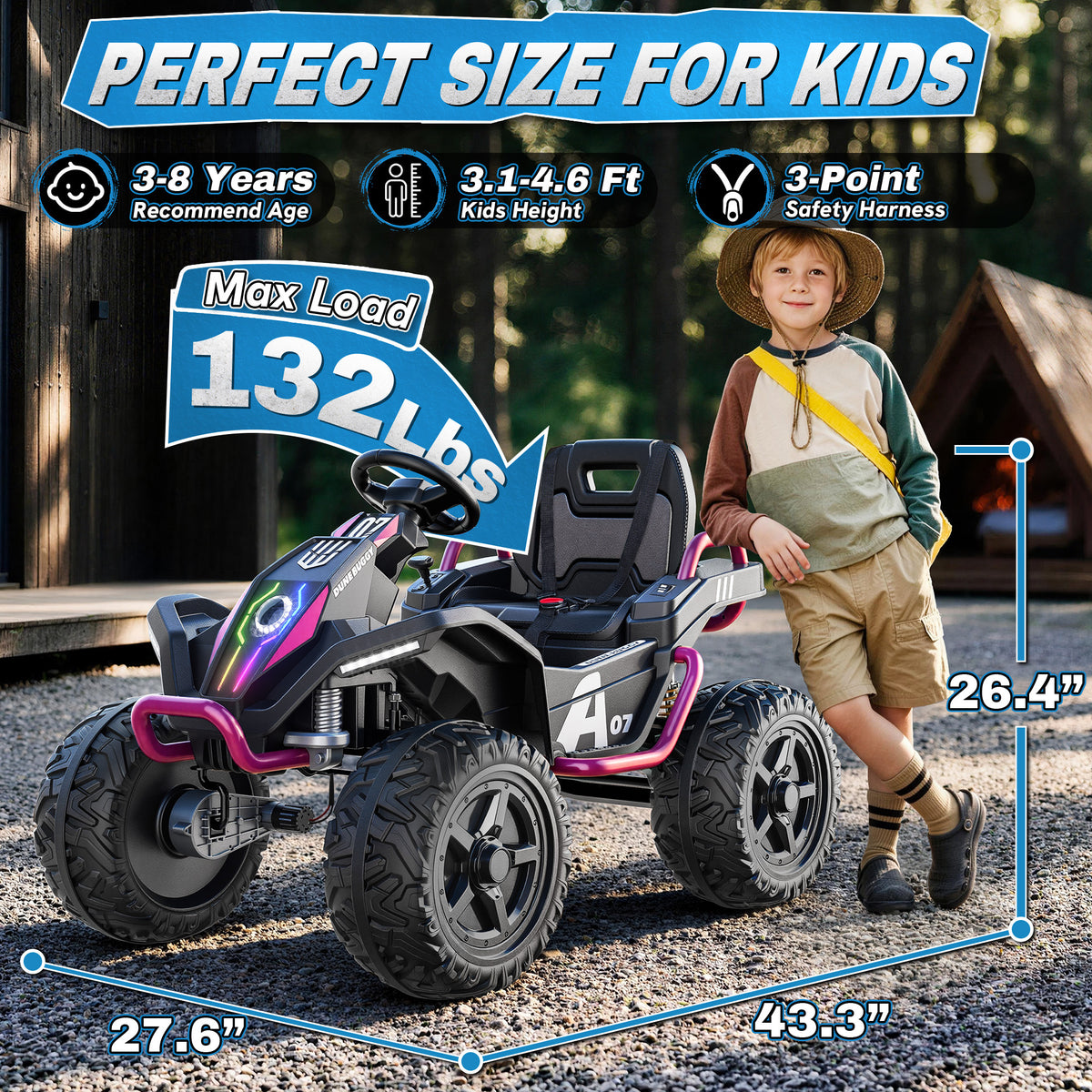AceCruisers Kids 24V Ride on Toys Ages 3-8 w/ Metal Frame, EVA Tires, Rainbow-shine LED, portable metal handle, 2WD/4WD, 4×100W motors, bluetooth,parent remote control and up to 5 MPH