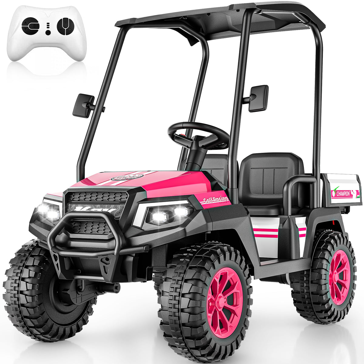 AceCruisers 24v ride on toys for Big Kids w/0.72 ft³ Large Storage Trunk, 4WD 20” 2 Seater Kids Golf Cart w/Detachable Roof, 2 Speeds, Music & Remote Control, LED Lights for Kids Ages 3-8(Pink)