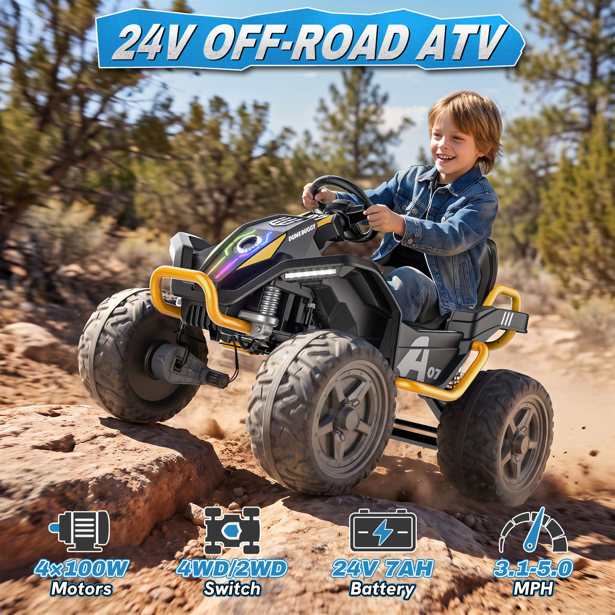 AceCruisers Kids 24V Ride on Toys Ages 3-8 w/ Metal Frame, EVA Tires, Rainbow-shine LED, portable metal handle, 2WD/4WD, 4×100W motors, bluetooth,parent remote control and up to 5 MPH