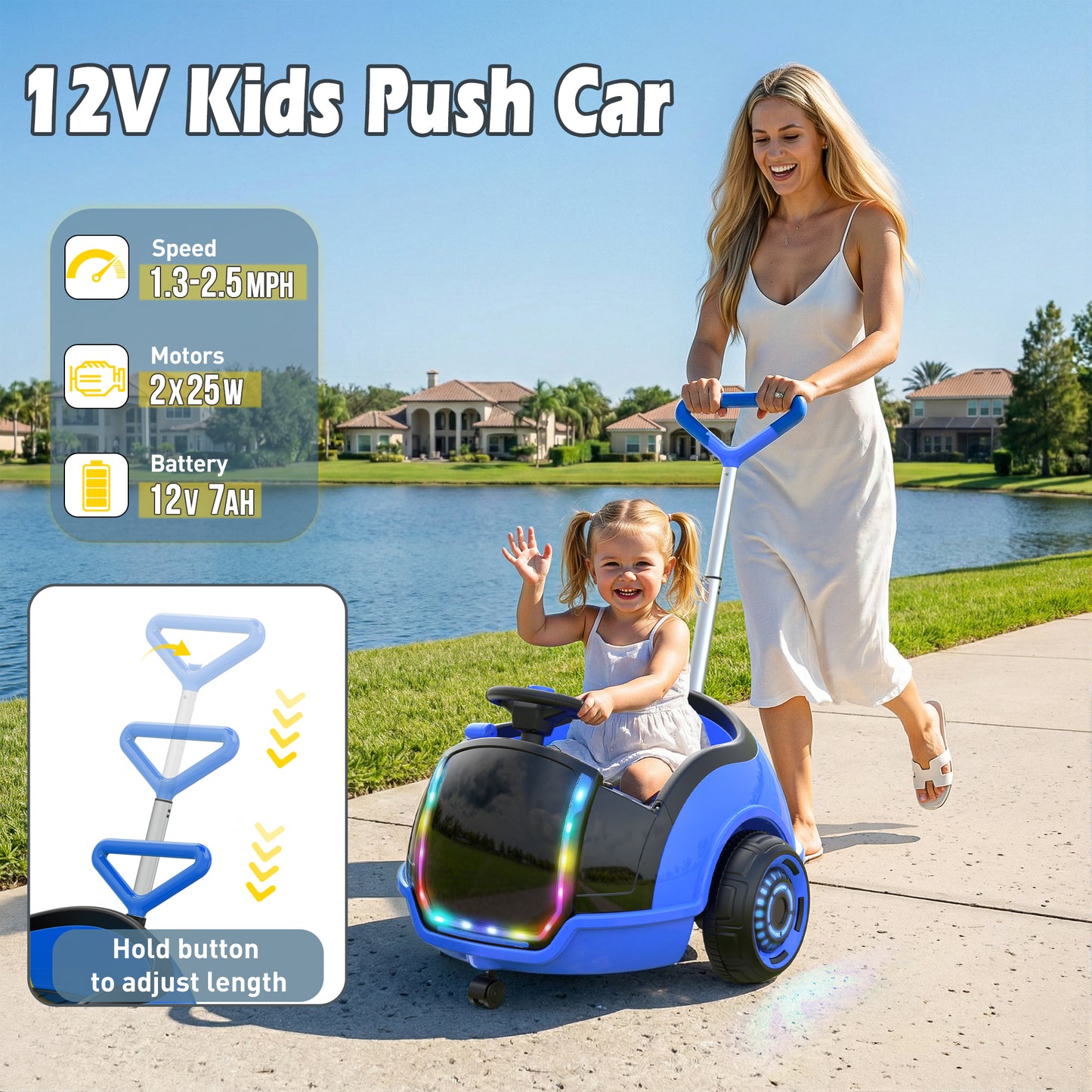 East doll 12V Electric Ride On Toy Car for Toddlers, Kids Puch Car, Outdoor Stroller Toys for Kids, Kids Cars to Ride in, 1-3Y,Remote Control, 1.3-2.5MPH, Music, Horn