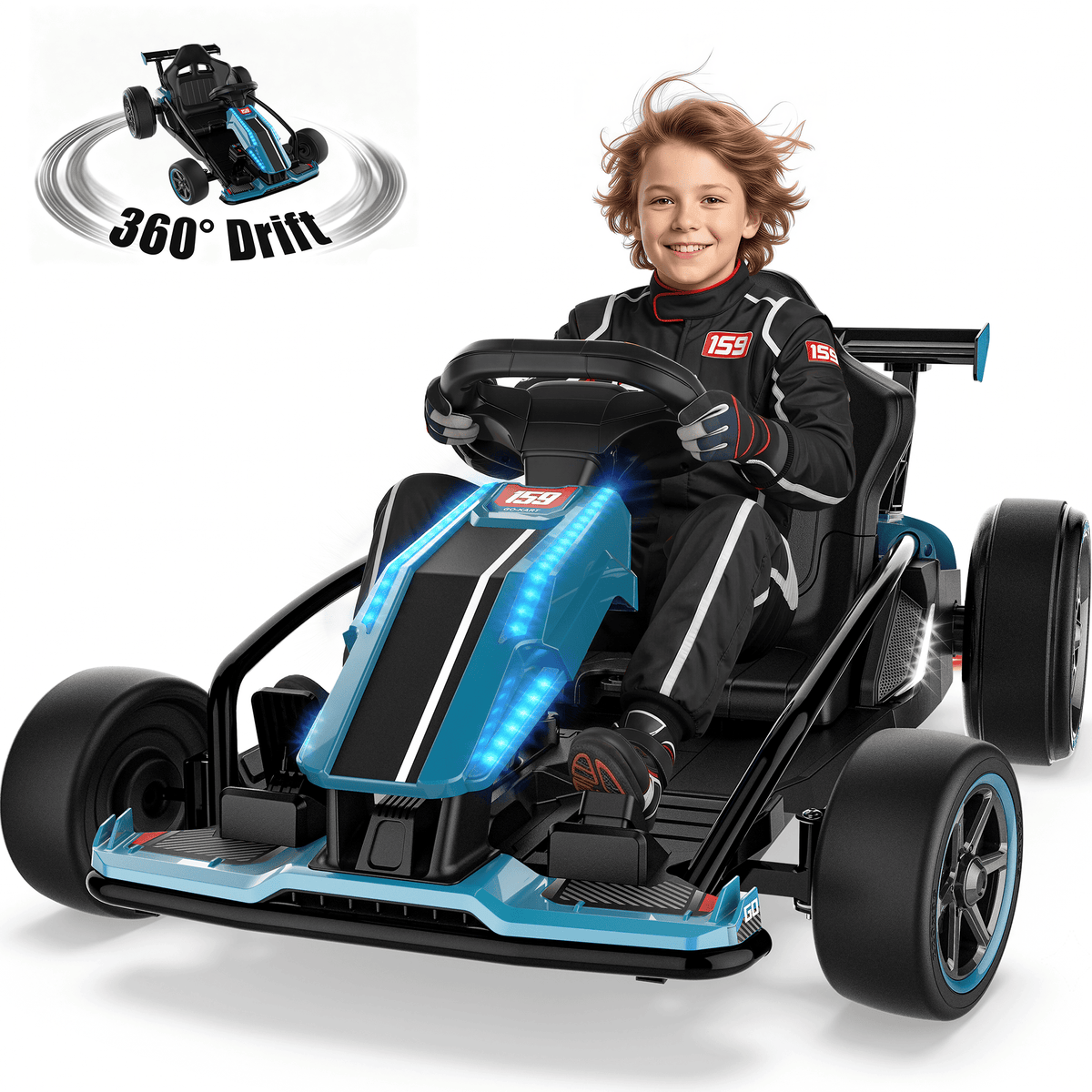 TOYBSNR 24V Electric Drift Go Kart for Kids 6-14, 24V Drift Car Ride On Racing Kart for Big Kids, Adjustable Seat, 9.3 MPH, Blue