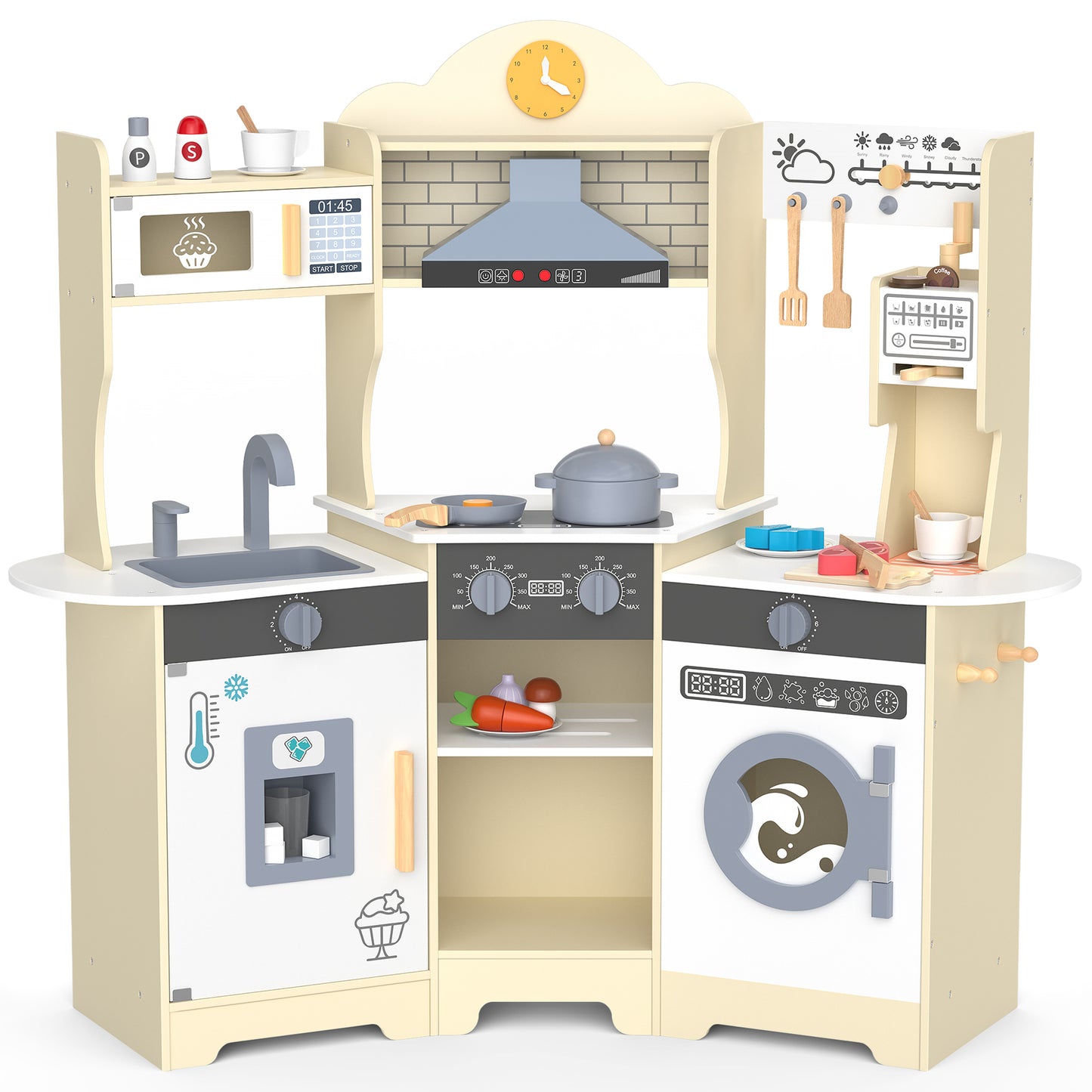 East doll Play Kitchen for Kids, Wooden Kids Play Kitchen Playset for Toddlers with 30 Pcs, Coffee Maker, CoffeeMicrowave, Real Lights & Sounds, Play Food & Cookware Accessories