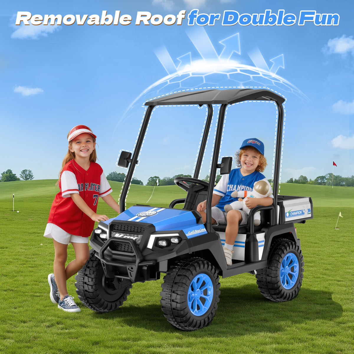AceCruisers 24v ride on toys for Big Kids w/0.72 ft³ Large Storage Trunk, 4WD 20” 2 Seater Kids Golf Cart w/Detachable Roof, 2 Speeds, Music & Remote Control, LED Lights for Kids Ages 3-8(Blue)
