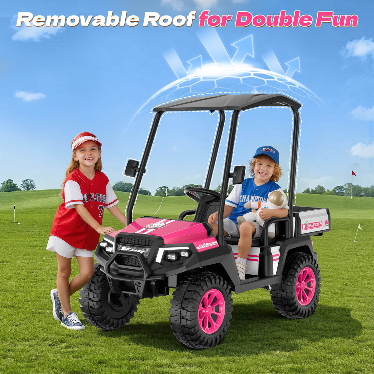 AceCruisers 24v ride on toys for Big Kids w/0.72 ft³ Large Storage Trunk, 4WD 20” 2 Seater Kids Golf Cart w/Detachable Roof, 2 Speeds, Music & Remote Control, LED Lights for Kids Ages 3-8(Pink)