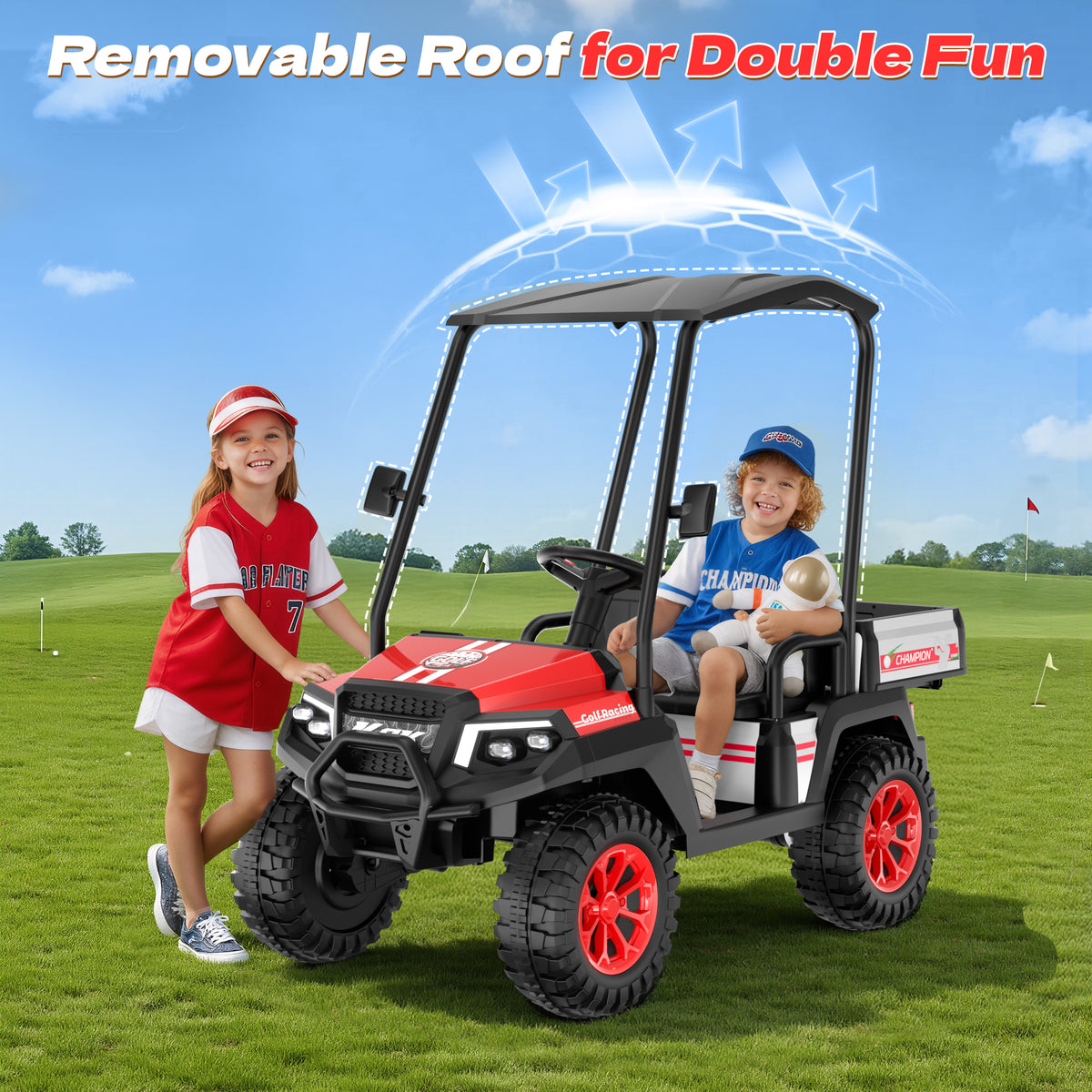 AceCruisers 24v ride on toys for Big Kids w/0.72 ft³ Large Storage Trunk, 4WD 20” 2 Seater Kids Golf Cart w/Detachable Roof, 2 Speeds, Music & Remote Control, LED Lights for Kids Ages 3-8(Red)
