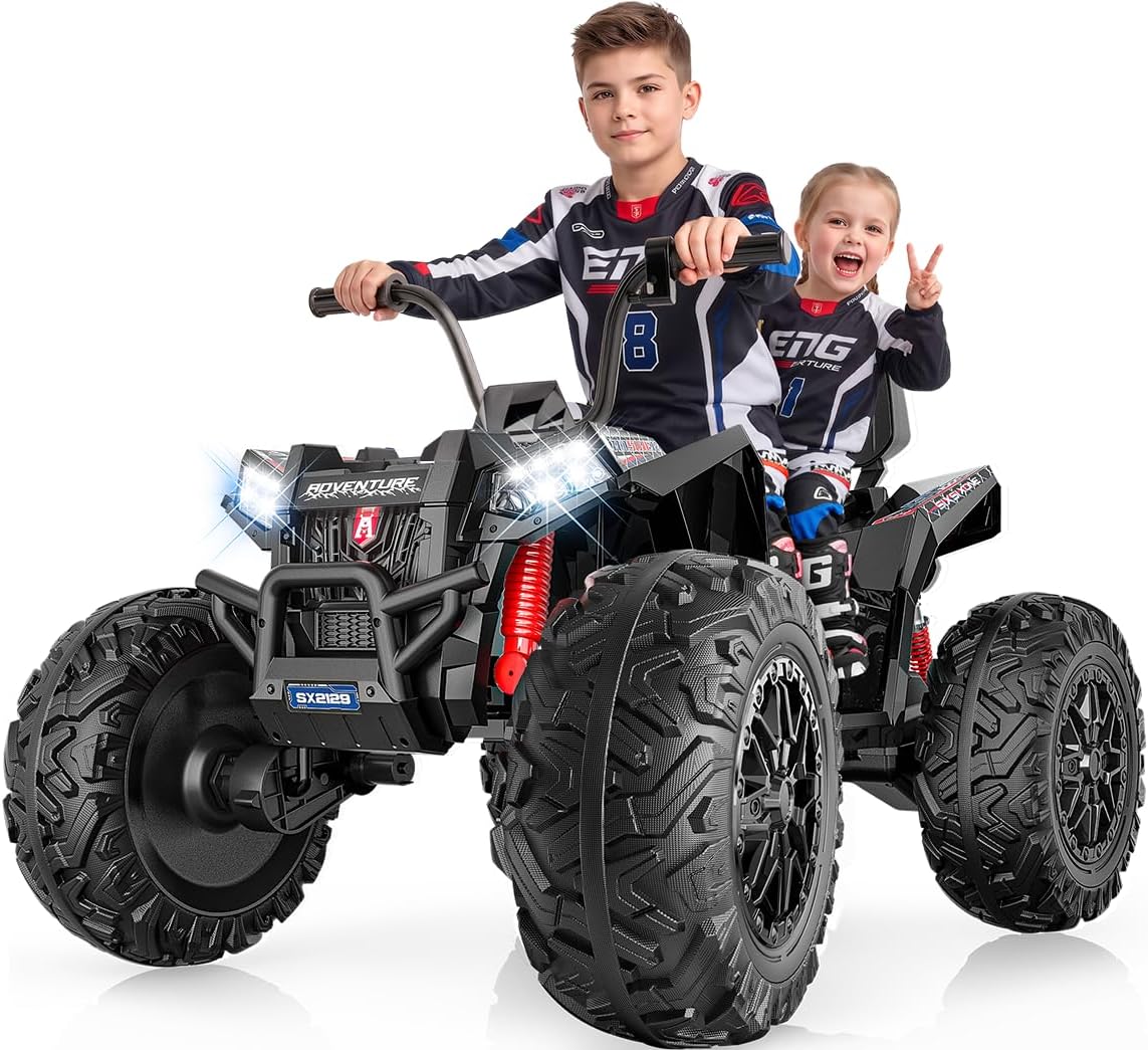 Kids ATV 4 Wheeler, 24V 4WD Ride On Toys Car for Big Kids 5-14, 800W Electric Vehicle Quad Max 7.5Mph w/XXXL EVA Tires, Sturdy Frame, 2 Seater, Soft Start, Shock Absorber, Bluetooth, LED Lights, Black-UPC: B0GWJDD779
