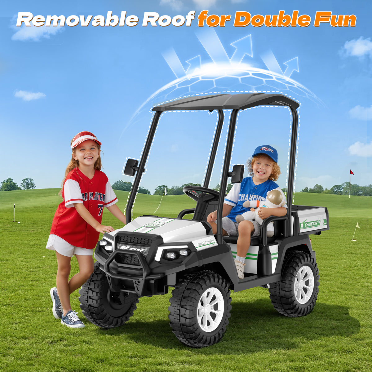 AceCruisers 24v ride on toys for Big Kids w/0.72 ft³ Large Storage Trunk, 4WD 20” 2 Seater Kids Golf Cart w/Detachable Roof, 2 Speeds, Music & Remote Control, LED Lights for Kids Ages 3-8(White)