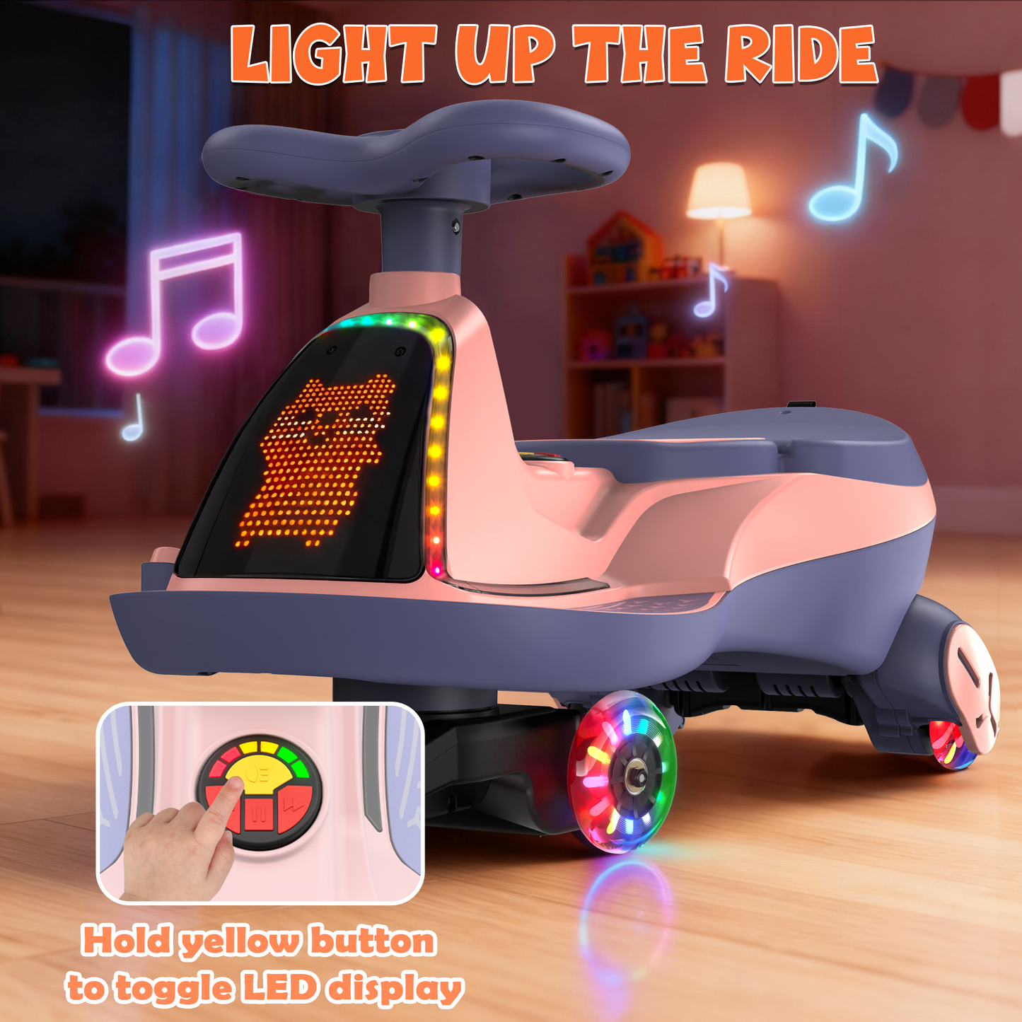 East doll 12V Wiggle Car for Kids with LED, Electric Ride on Toys for Toddlers Aged 3+, Swing Wiggle, Baby Car, 2.8-4.1 Mph, Flashing Wheels, Bluetooth(Upgraded Version）