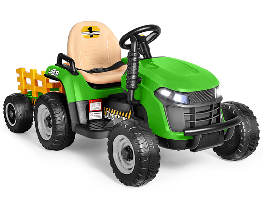 12V Ride on Tractor with Tiltable & Detachable Trailer, up to 3.1Mph Truck with Parental Remote, Music Player, Bluetooth Function & Headlight, UPC: B0D1R78P6S
