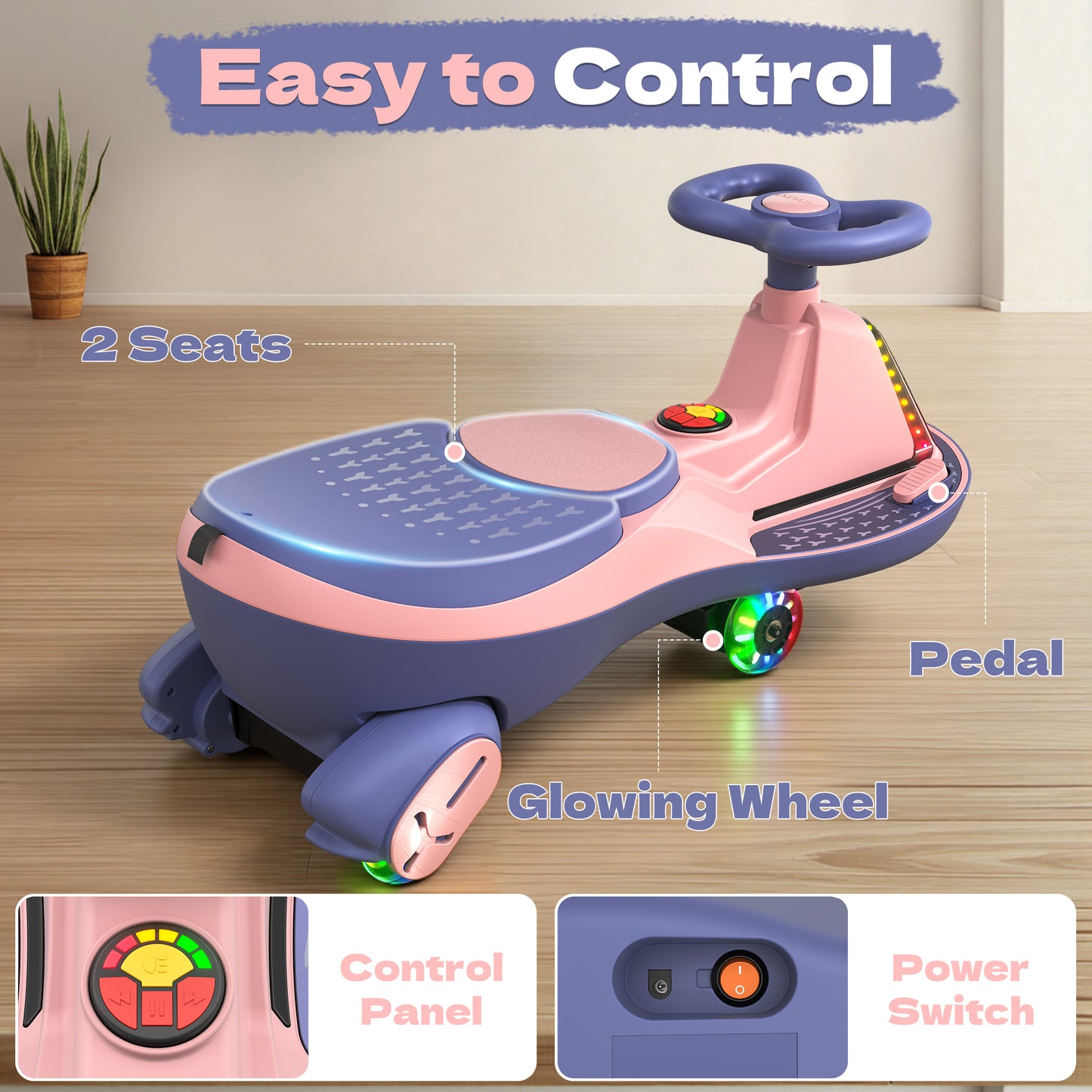 ANPABO 12V Electric Wiggle Car with Pedals, 2 Seater, 2x75W Motor, Music & Bluetooth, Ride On Toy for Kids Ages 3+, 170 Lbs, Pink--UPC: B0FTYJKS84