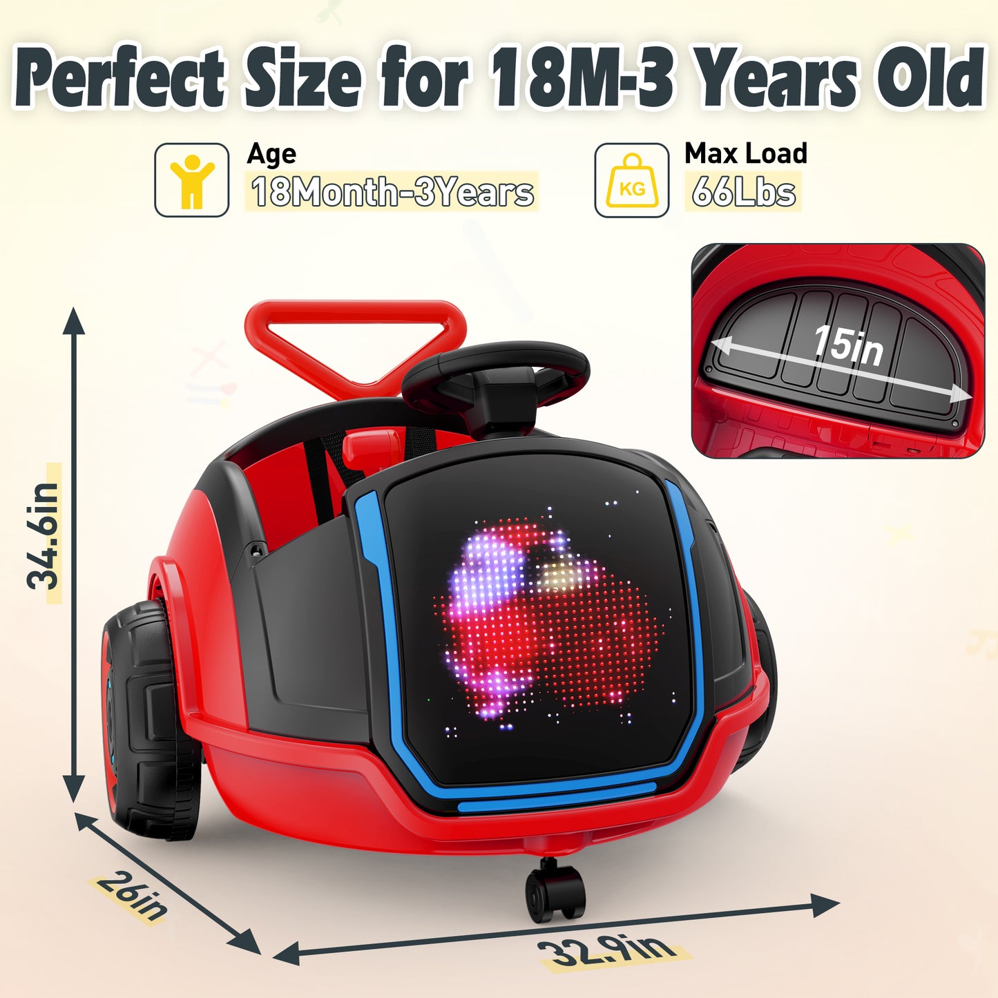 East doll 12V Toddler Push Car with Big LED Screen, 8 Dynamic Patterns for Free Switching, Electric Ride on Toy for Kids Aged 18M-3Y, Red