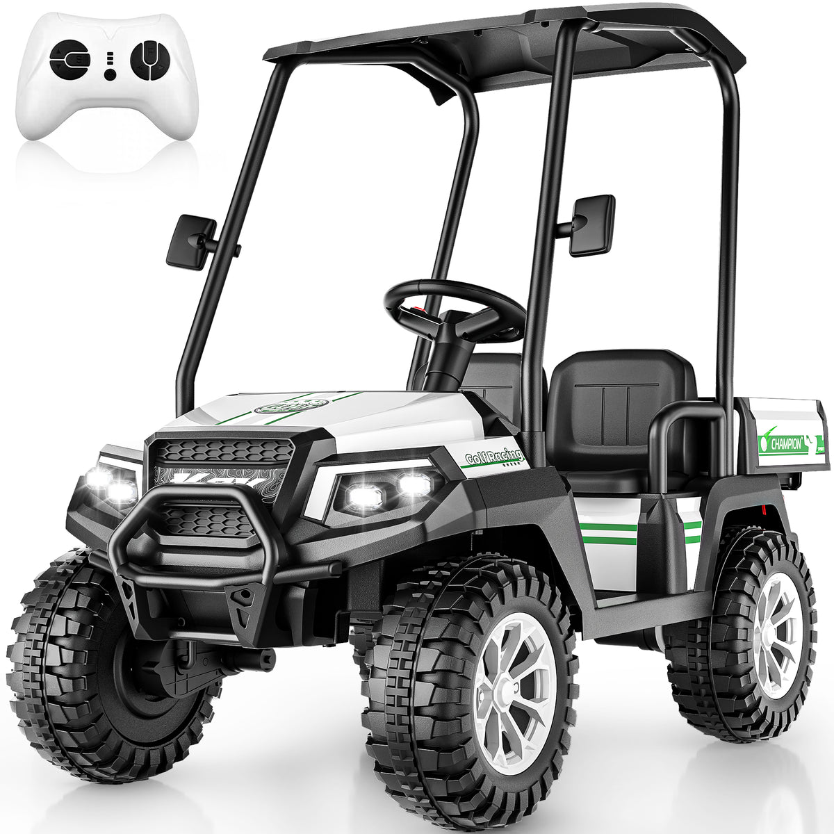 AceCruisers 24v ride on toys for Big Kids w/0.72 ft³ Large Storage Trunk, 4WD 20” 2 Seater Kids Golf Cart w/Detachable Roof, 2 Speeds, Music & Remote Control, LED Lights for Kids Ages 3-8(White)