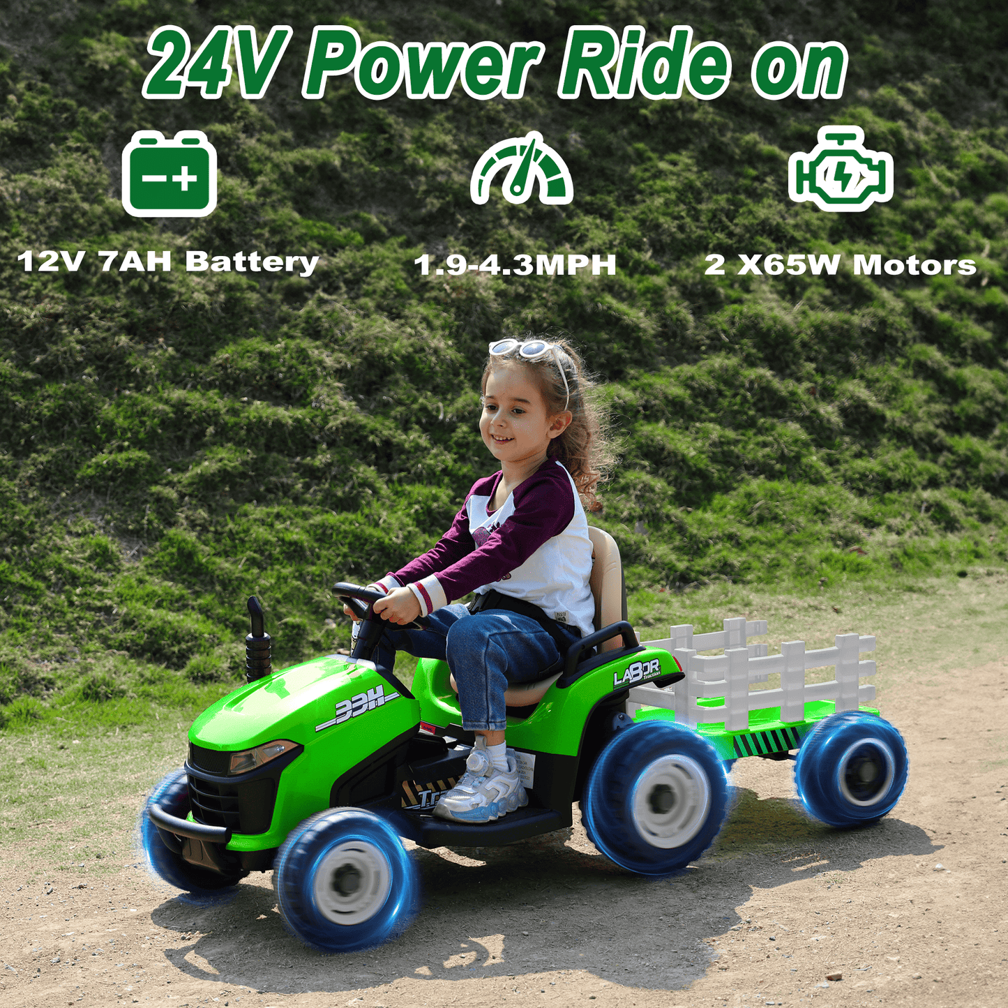 East doll 24 Volt Ride on Toys Car for Kids, Ride-on Tractor with Trailer, Electric Car for Kids, Power EVA Four Wheeler with Remote Control, 4.3Mph, Music Player, LED Light