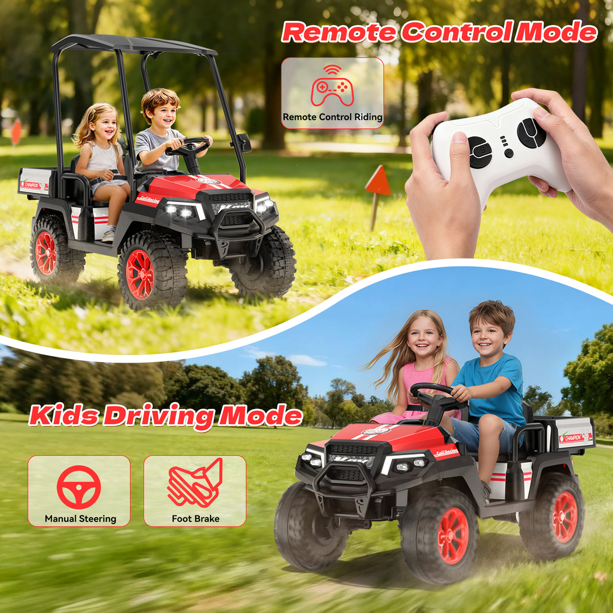 AceCruisers 24v ride on toys for Big Kids w/0.72 ft³ Large Storage Trunk, 4WD 20” 2 Seater Kids Golf Cart w/Detachable Roof, 2 Speeds, Music & Remote Control, LED Lights for Kids Ages 3-8(Red)
