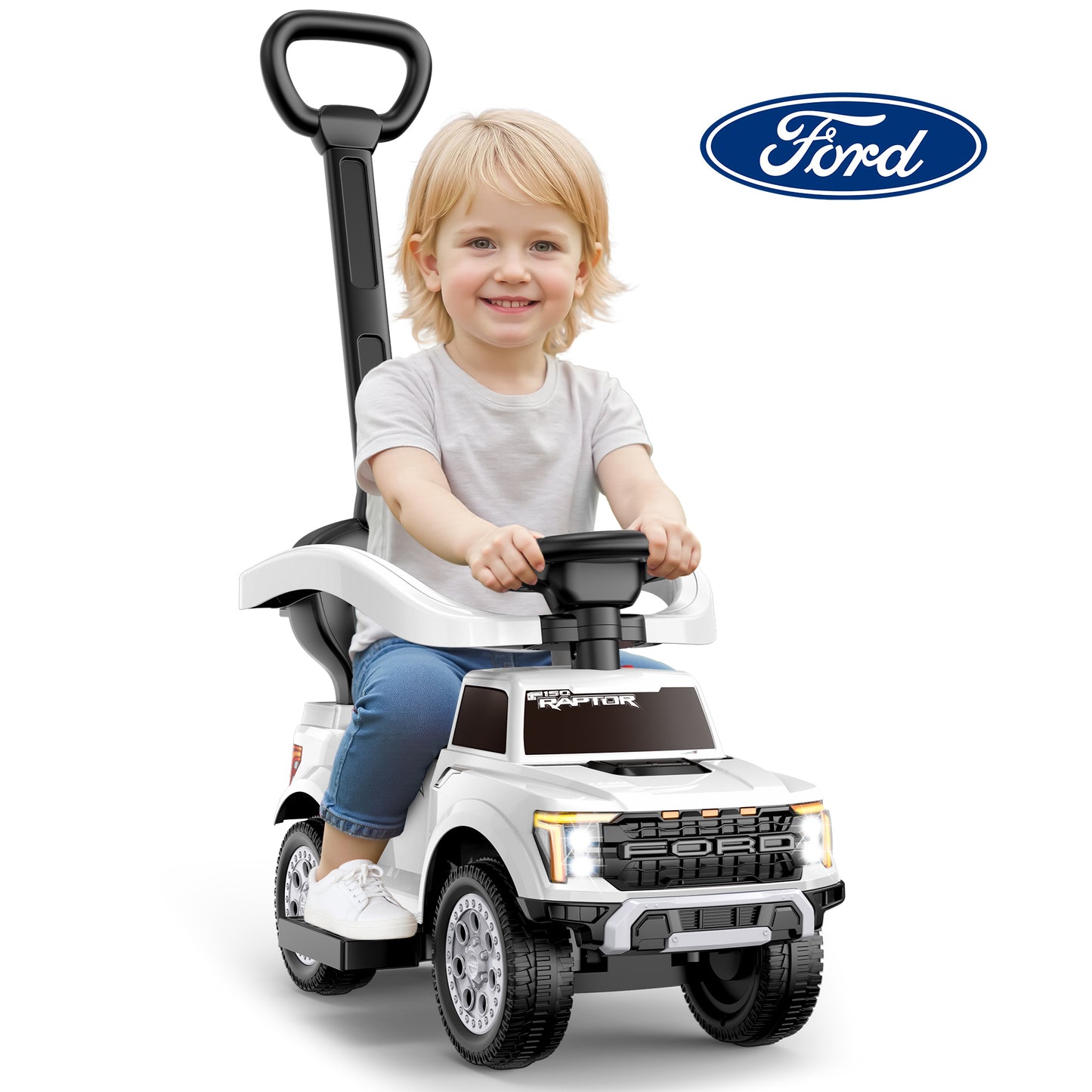 East doll 3 In 1 Push Car for Toddlers, Licensed Ford kid ride on toy, 4 wheeler ride on, Stroller Sliding Walking Car with Push Handle, Under Seat Storage, Led light, Horn