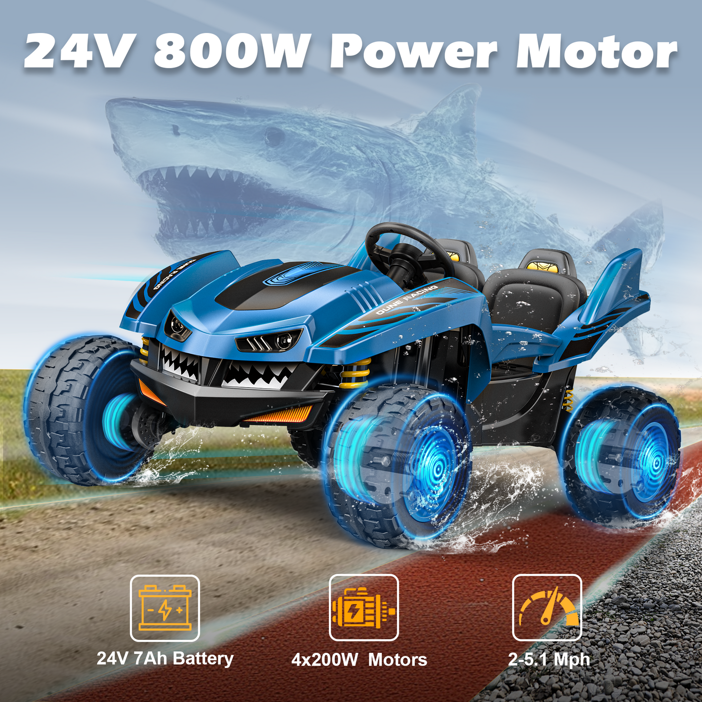 East doll 24V Ride on Toys Car for Big Kids, 2 Seater Power Ride on UTV , Sharks Electric Car for Kids Aged 3-10Y, 4WD 800W Motors, Remote Control, 5.1Mph, Music