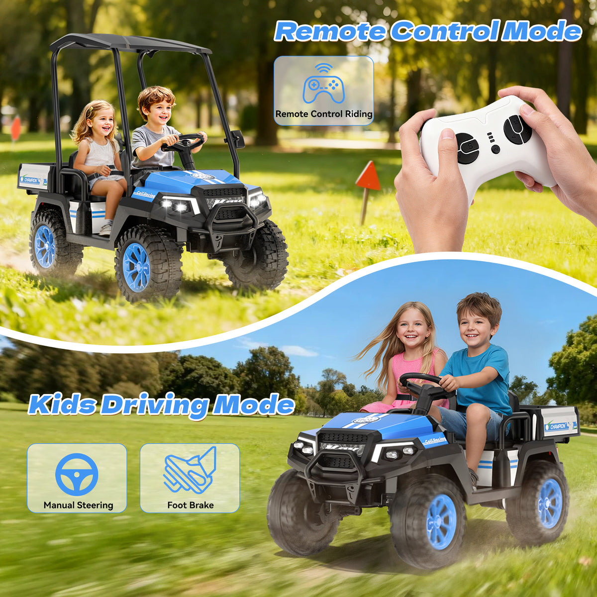 AceCruisers 24v ride on toys for Big Kids w/0.72 ft³ Large Storage Trunk, 4WD 20” 2 Seater Kids Golf Cart w/Detachable Roof, 2 Speeds, Music & Remote Control, LED Lights for Kids Ages 3-8(Blue)