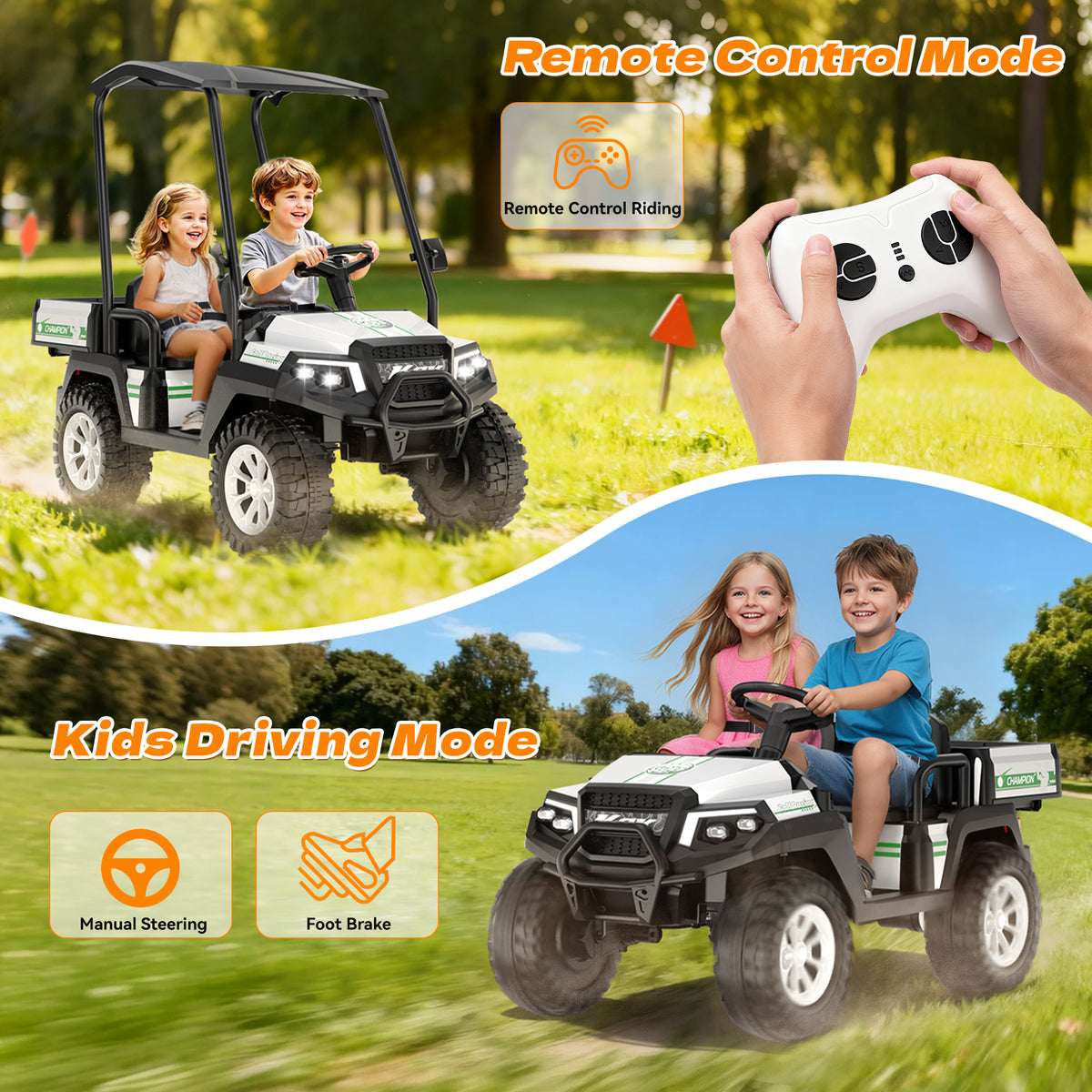AceCruisers 24v ride on toys for Big Kids w/0.72 ft³ Large Storage Trunk, 4WD 20” 2 Seater Kids Golf Cart w/Detachable Roof, 2 Speeds, Music & Remote Control, LED Lights for Kids Ages 3-8(White)